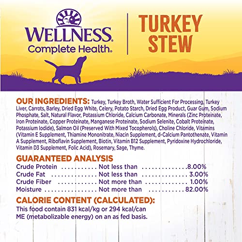 Image of Wellness Complete Health Stew Adult Canned Wet Dog Food, Grain Free, Natural, Turkey Recipe, 12.5 oz, Pack of 12 Cans