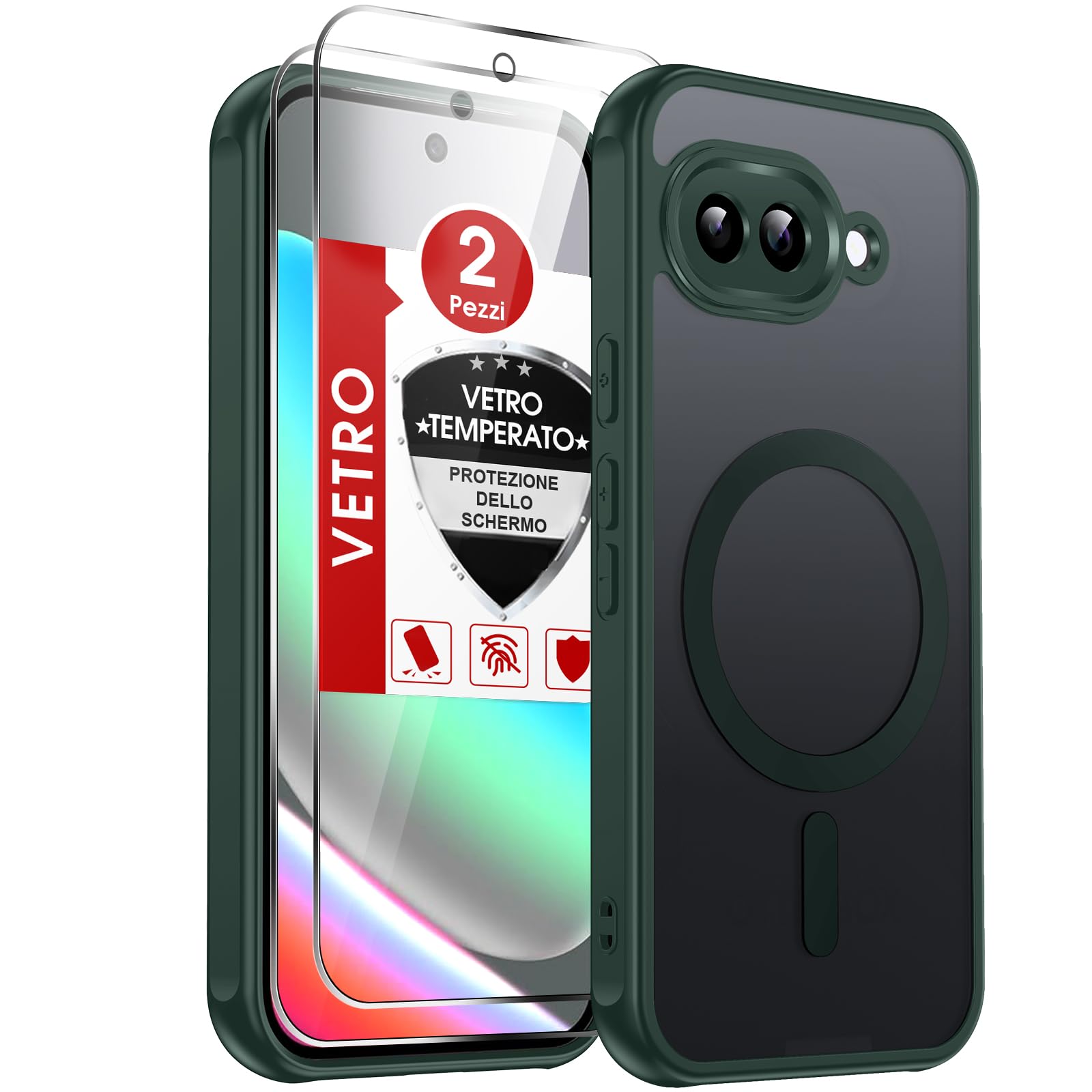 LeYi Cover Magnetica per Google Pixel 9A con 2 Pezzi Vetro Temperato(Verde) | Custodia per Pixel 9a Traslucida Opaca Anti-Impronte Resistente ai Graffi Paraurti in TPU Antiurto Protettiva Case