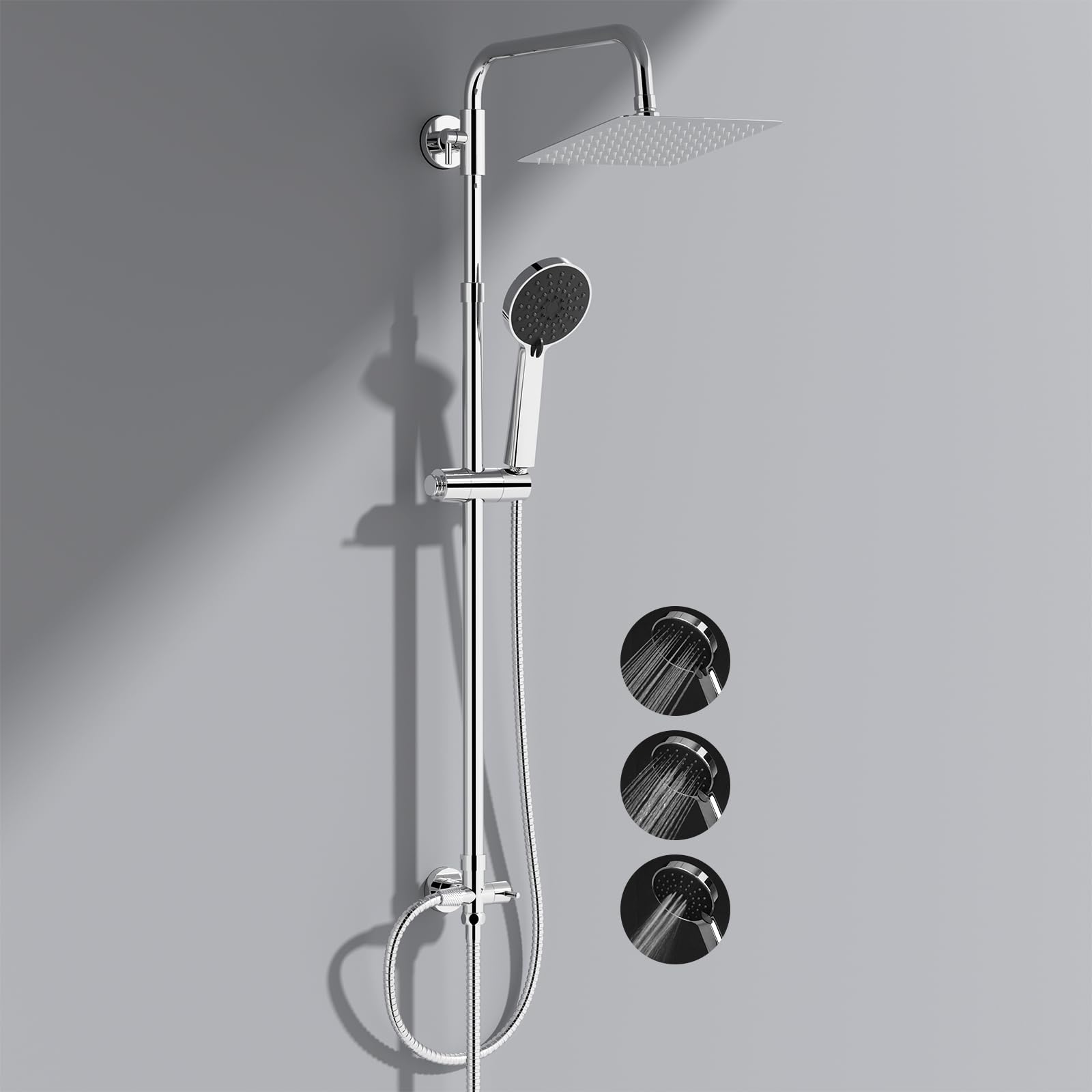 Hibbent Duschset ohne Armatur, 3-Modus-Handbrause | Höhenverstellbar, Regendusche Duschsystem mit Duschkopf aus rostfreiem Edelstahl, Messing-Umschalter, Chrom