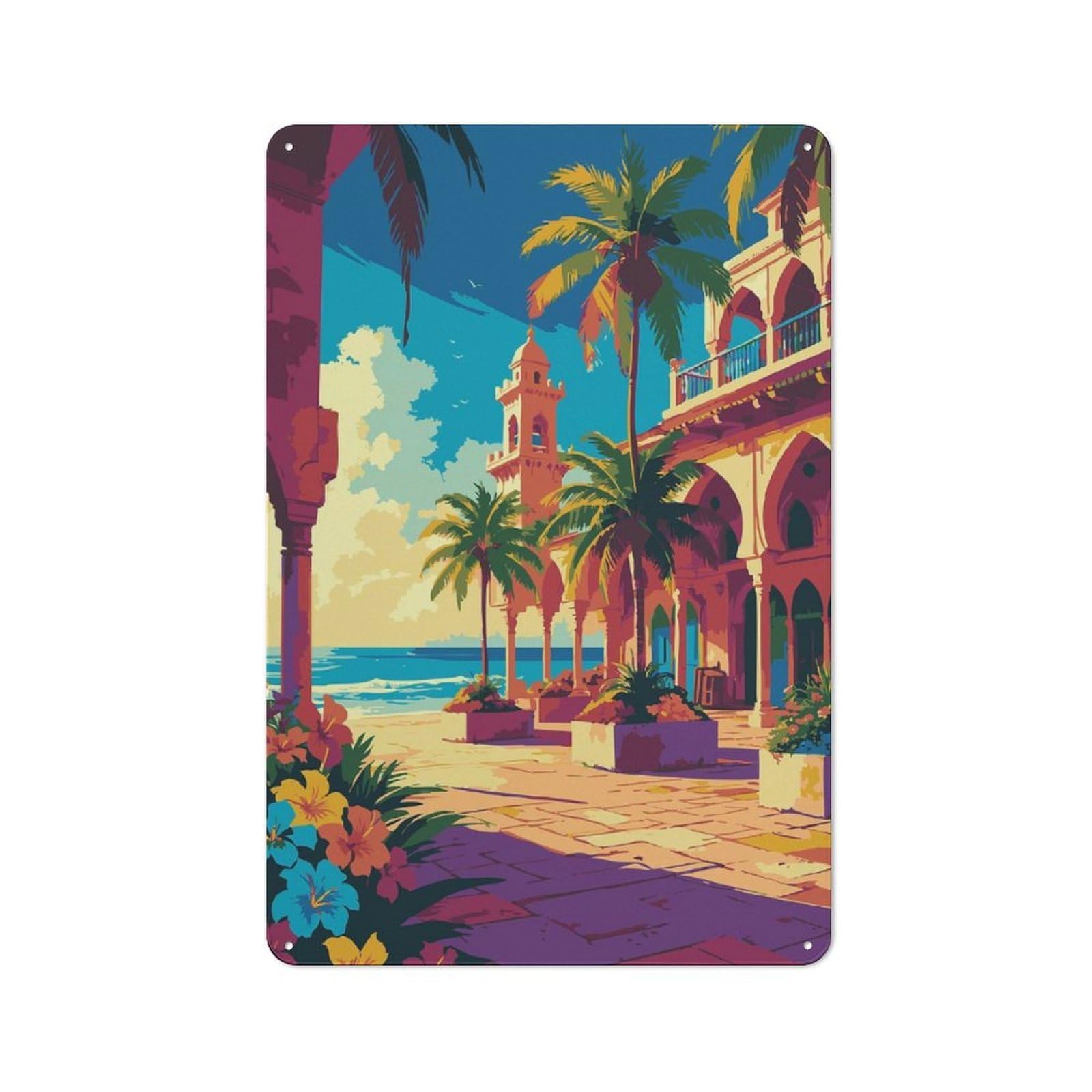 Junmoney Style-1 Tropical Beach Resort Illustration Retro Tin Wall Plaque 30X20cm For Hobby Room Or Studio, For Garage, Workshop And Man Cave Decoration