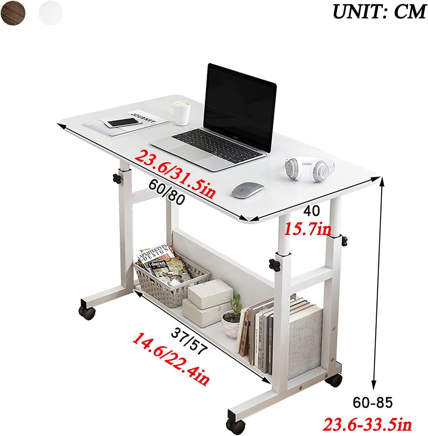 Laptop cart Standing Adjustable Laptop Desk for Small Spaces, Portable Work Study Desk Table, Modern Pc Gaming Desk with Storage for Bedroom(Size:80X40CM,Color:A)