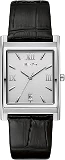 Bulova 96B107 Men's Classic Quartz Watch: Stainless Steel Rectangle Case, White Dial, Black Leather Strap