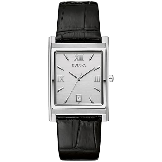 Bulova Relógio masculino de aço inoxidável com 3 ponteiros e data de quartzo com pulseira de couro preto, mostrador retangular: 96B107, Prata, Pulseira de aço inoxidável prateada de quartzo clássico