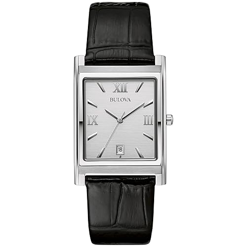Reloj de cuarzo de calendario de 3 manecillas para hombre de acero inoxidable Bulova con correa de cuero negro, estilo de esfera rectangular: 96B107