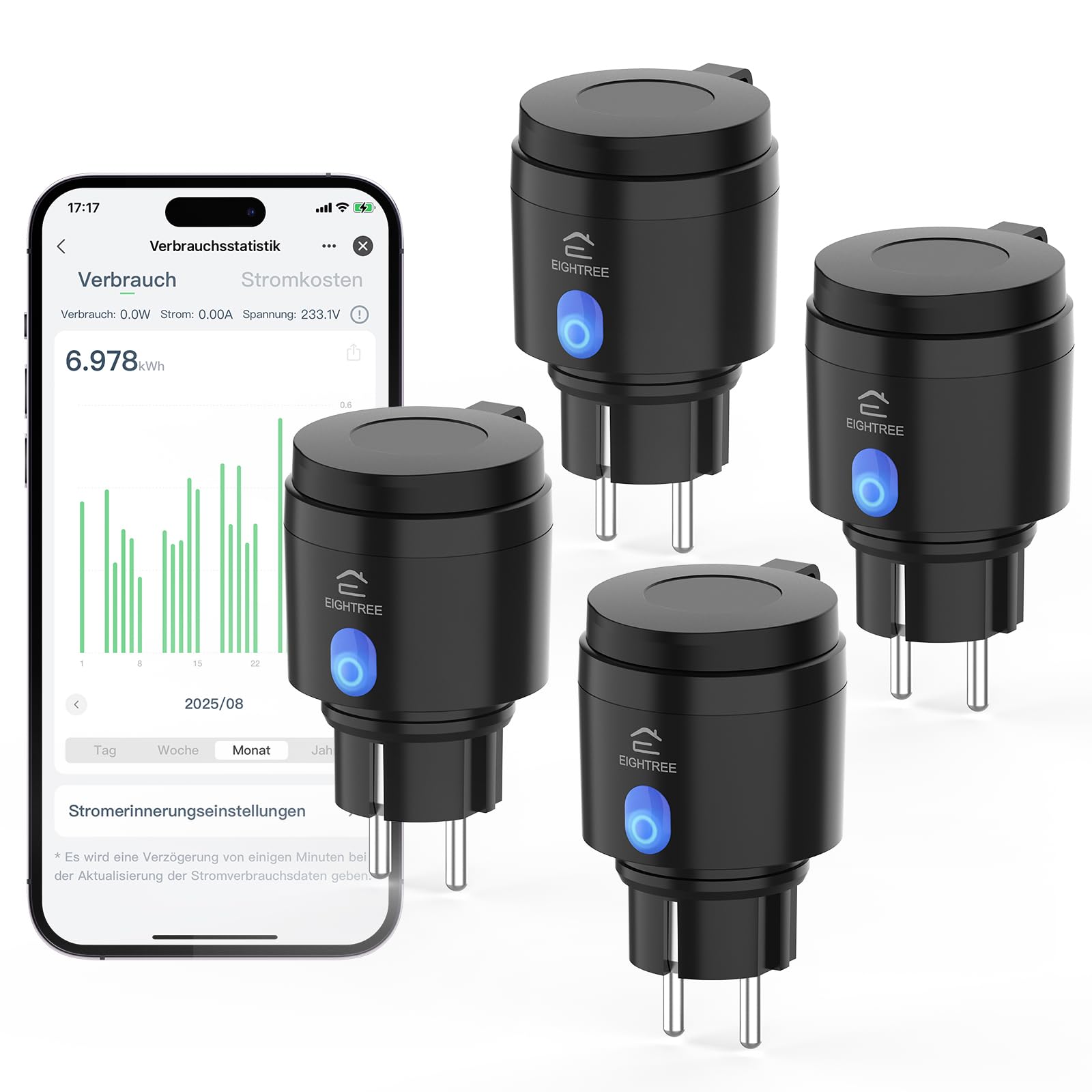 EIGHTREE WLAN Steckdose Outdoor, Zeitschaltuhr Aussenbereich mit Strommessung IP44 Wasserdicht, Smarte Steckdose mit Zeitschaltuhr, Fernbedienung & Sprachsteuerung, Kompatibel mit Alexa & Google Home