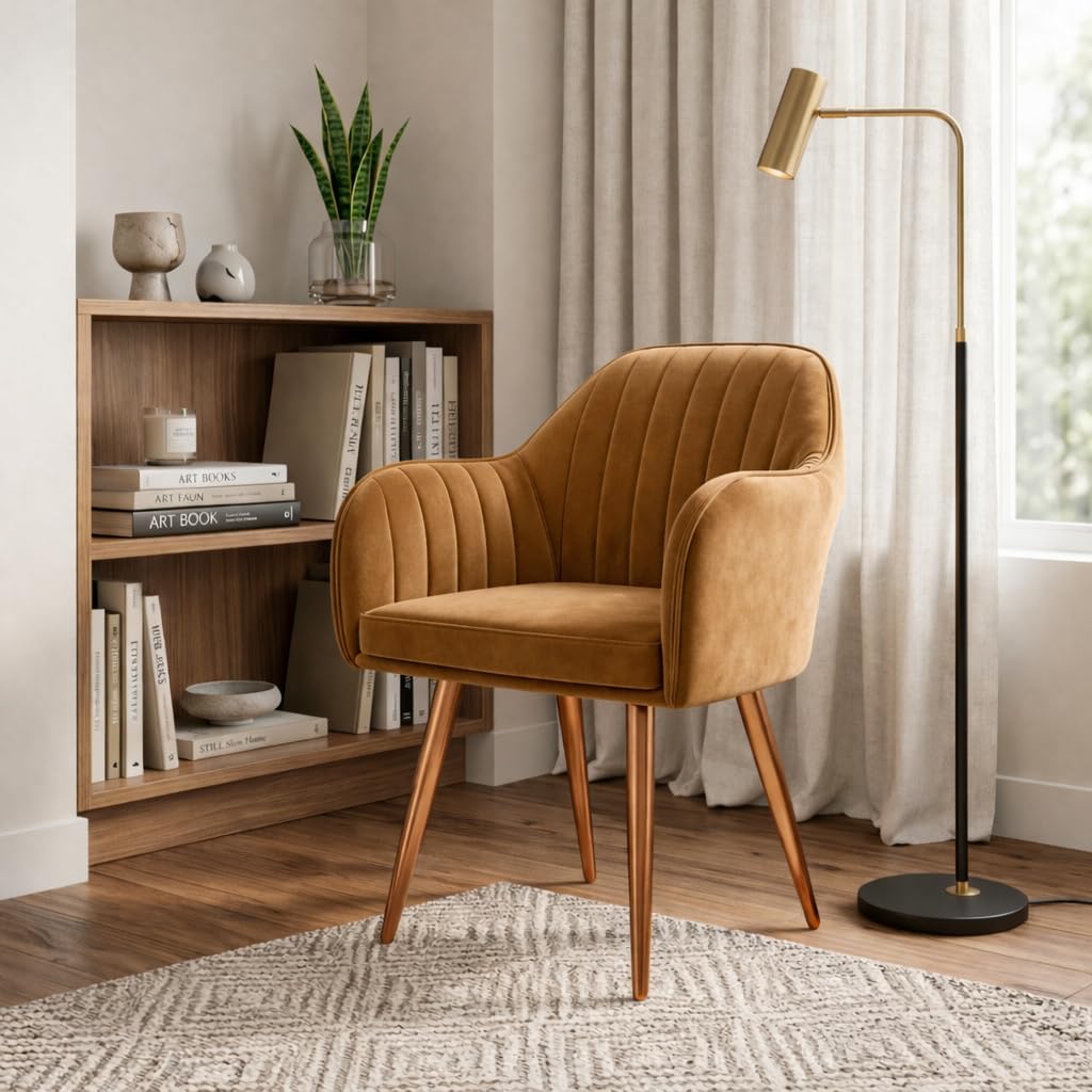 Vergo Plush Dining Chair | Accent Chair for Living Room Bedroom Study Cafe Restaurant | Wooden Frame with Velvet Fabric & Cushion Seat with Metal Legs, 1 Year Warranty (Light Brown) (Arrives Faster)-image-13