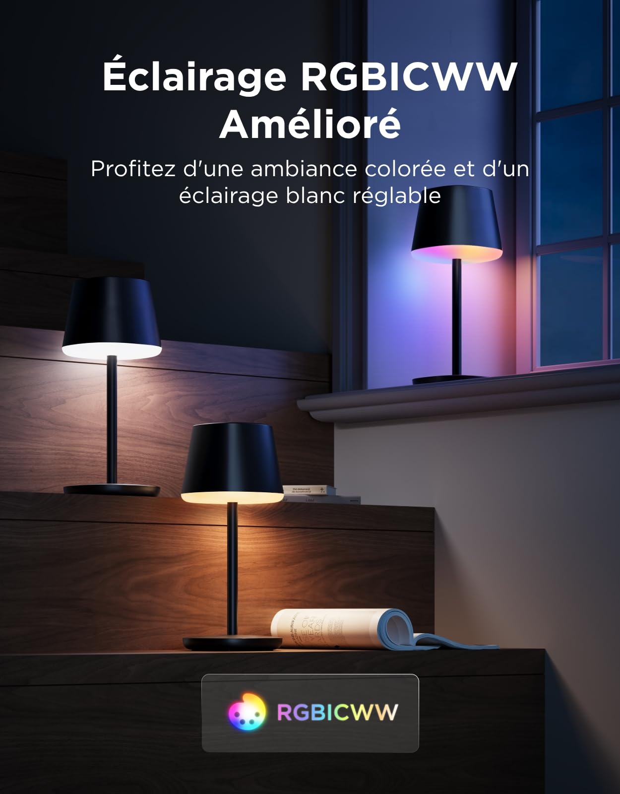 Govee Lampe de Chevet LED RGBICWW, Lampe de Table Sans Fil Rechargeable