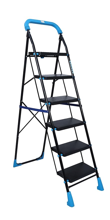 Plantex Stylo Heavy-Duty Mild-Steel Folding 6 Step Ladder for Home with Advanced Locking System/Wide Anti-Skid Step Ladder (Black & Blue)