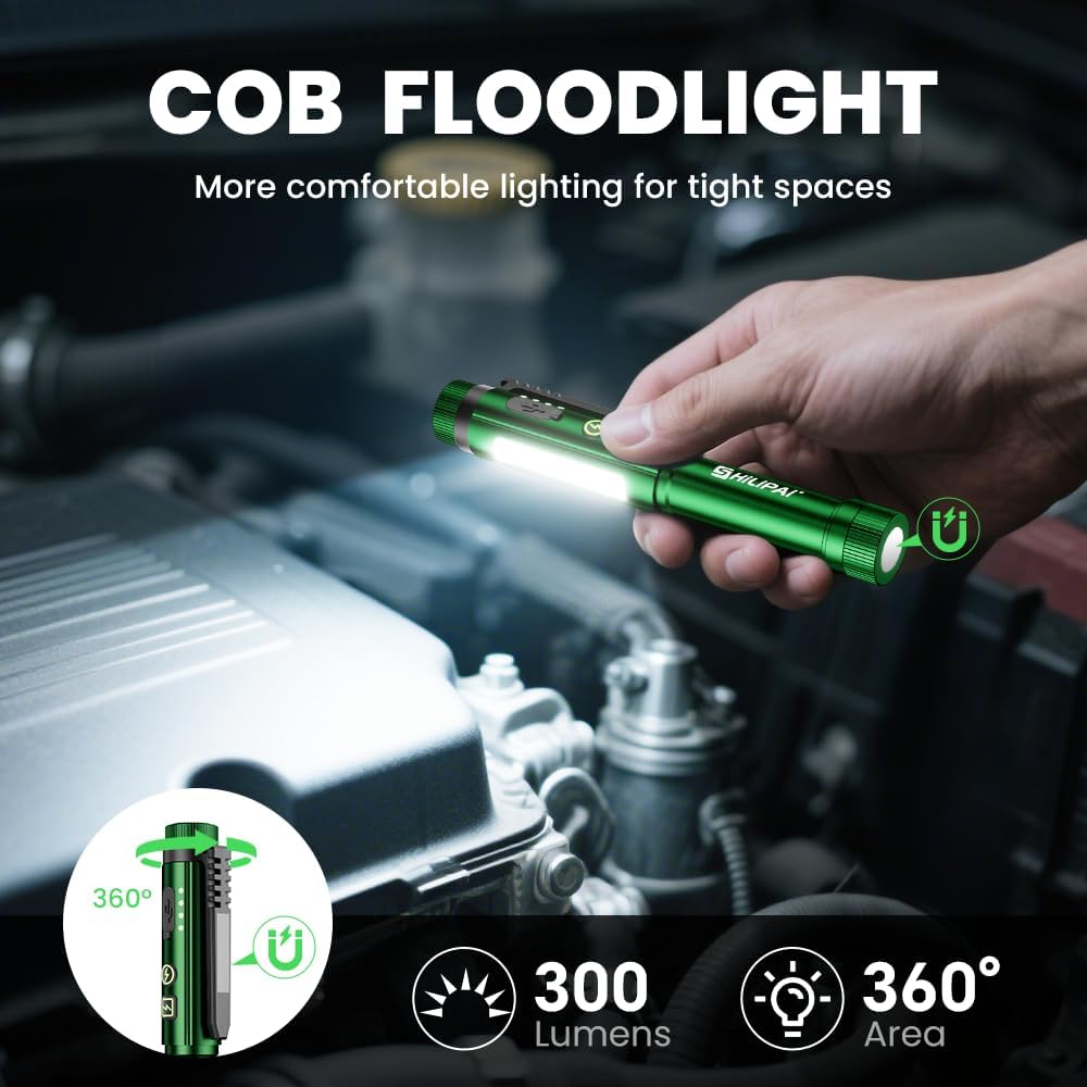Penlight Flashlight, Rechargeable Work Light 600 Lumens COB LED Pen Light with Magnetic Clip, 8 Modes Pocket Flashlight for Nurse, Emergency, EDC (Green)