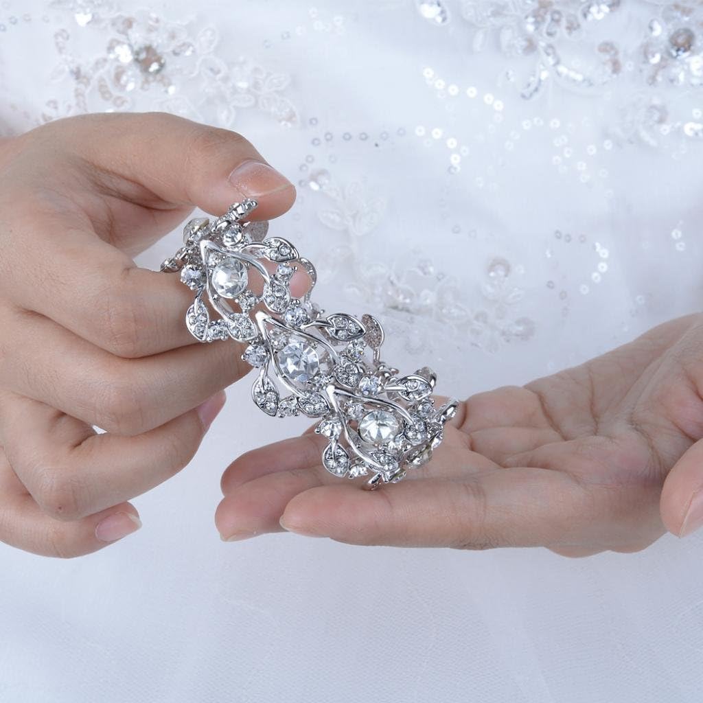 EVER FAITH Clear Austrian Crystal Bridal Floral Leaf Elastic Bracelet for Women - Image 4