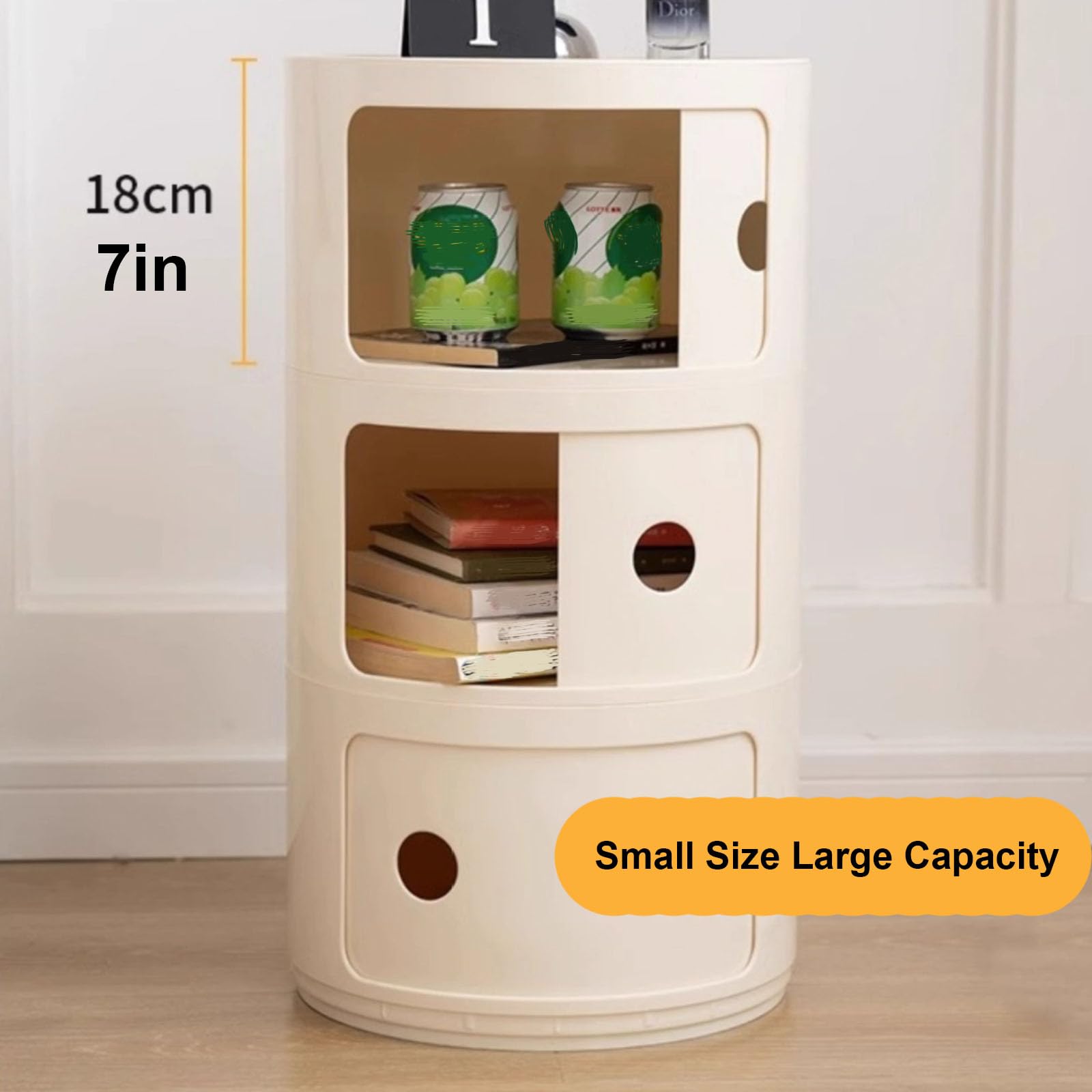Comodino Rotondo, Comodino con 3 Cassetti, Tavolino, Mobiletto Portaoggetti con Anta Scorrevole per Soggiorno, Camera da Letto, Bagno,Blu