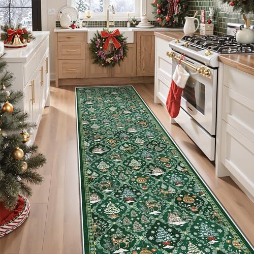 Madane Christmas Runner Rug 2x8, Washable Green Hallway Runner Rugs, Non-Slip Low-Pile Soft Kitchen Rug, Vintage Xmas Holiday Decor Throw Entry Foyer Mat for Entrance Laundry Living Room