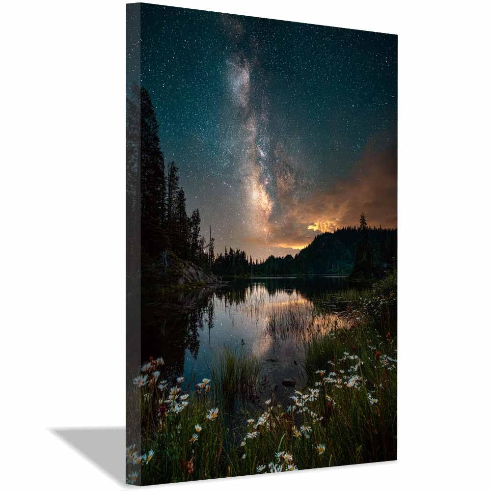 HOQIU Vintage wall art Starry Mountain Lake decorative painting, wall art, for Living Room Bathroom Bedroom Kitchen Decoration.(Multicolor)-60x80cm Framed