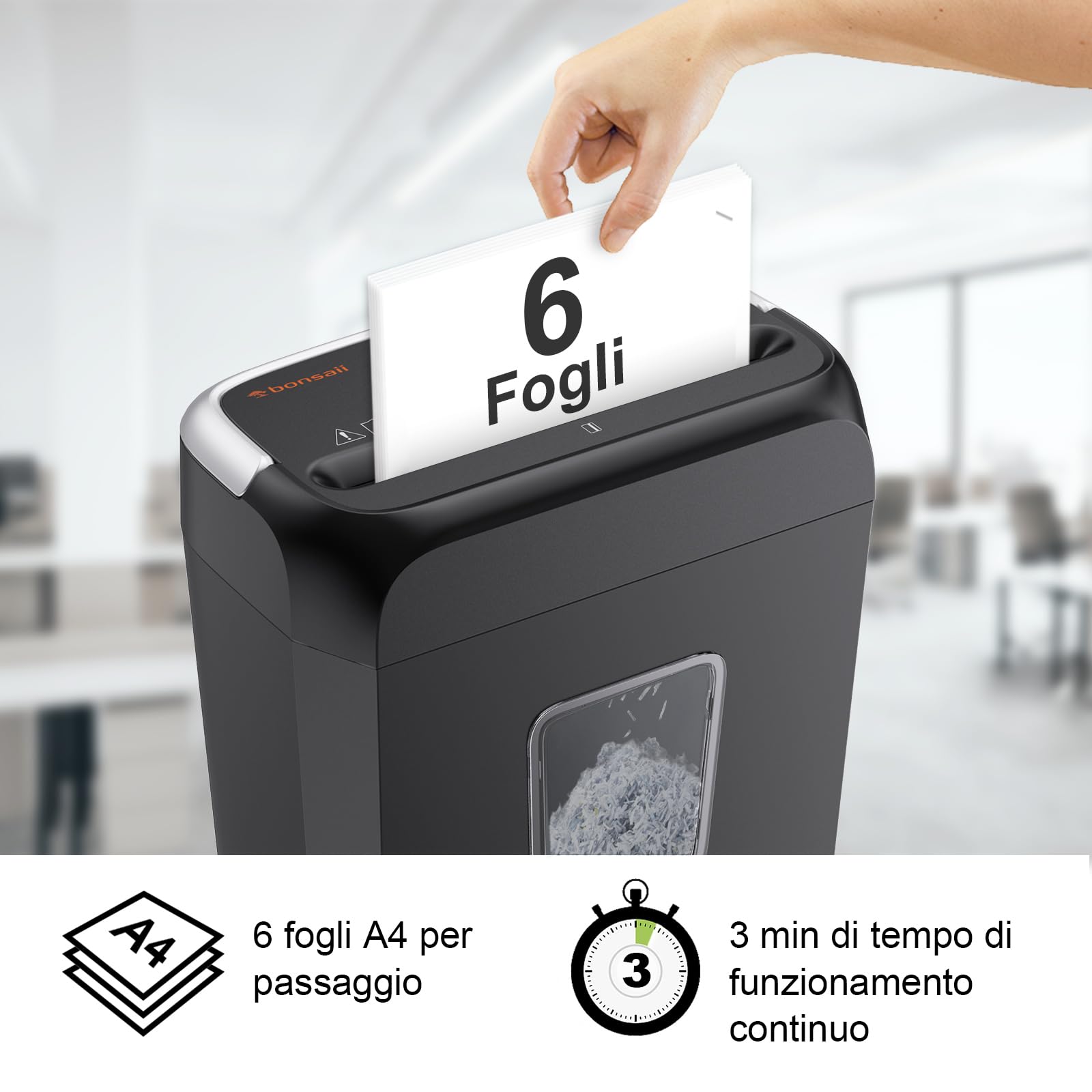 Bonsaii Distruggidocumenti P-4, Tritadocumenti 6 Fogli, Carte di Credito, Graffette, Contenitore 13L, C237-B