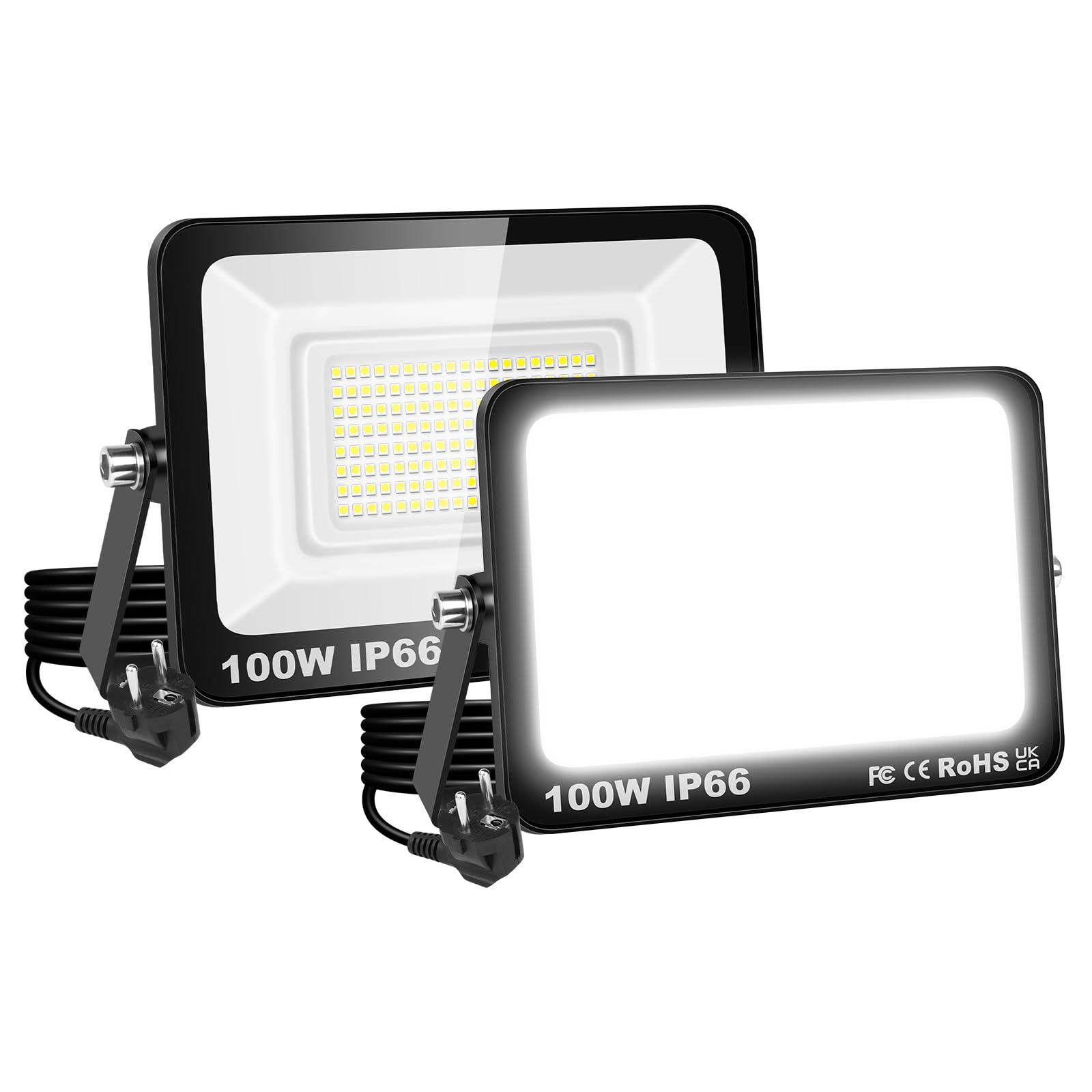 RIGIDON 2 szt. Zewnętrzny reflektor LED o mocy 1000 W, 10000 lm, zewnętrzna lampa punktowa LED z gniazdem, 6000 K, zimna biel, IP66, wodoszczelne, do ogrodu, patio, podwórka, garażu, wejścia
