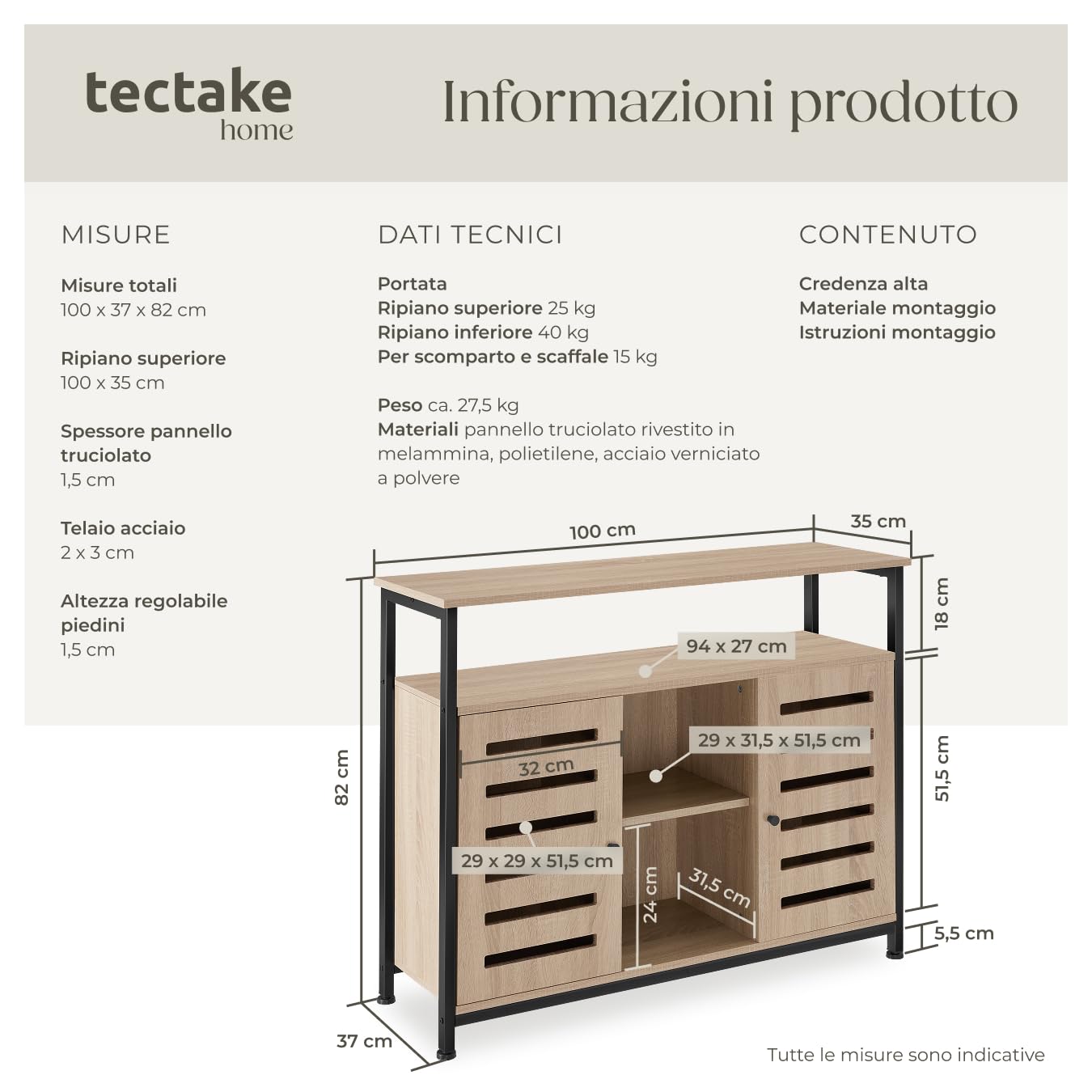 tectake® Credenza Cucina 100x37x82cm, Mobile Cucina, Dispensa Salvaspazio Armadio 2 ante, 2 Ripiani, Mensole Regolabili per Piatti e Pentole, Soggiorno, Sala da pranzo - Legno Industriale Chiaro