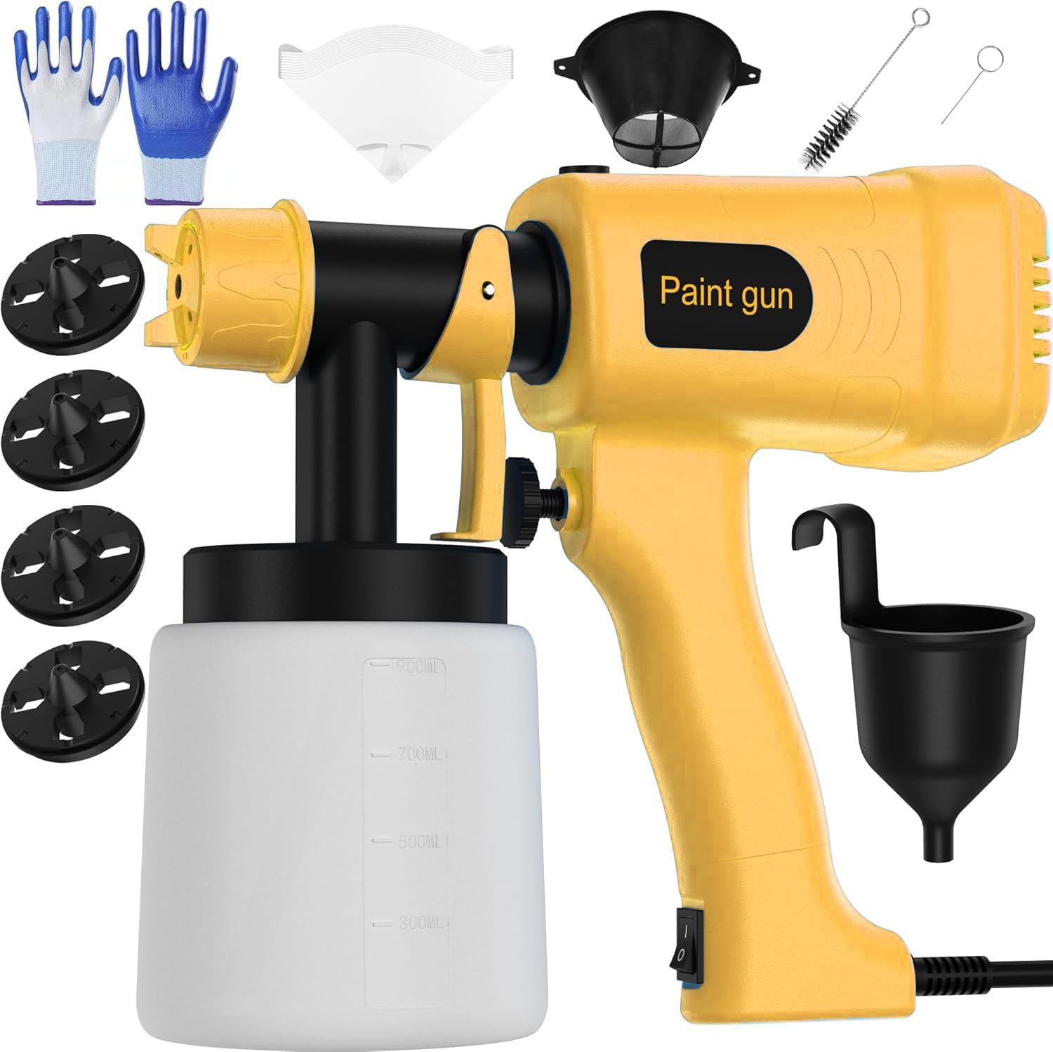 Paint Spray Gun 400W, 900ML Electric Sprayer with 10FT Cord & 4 Nozzles