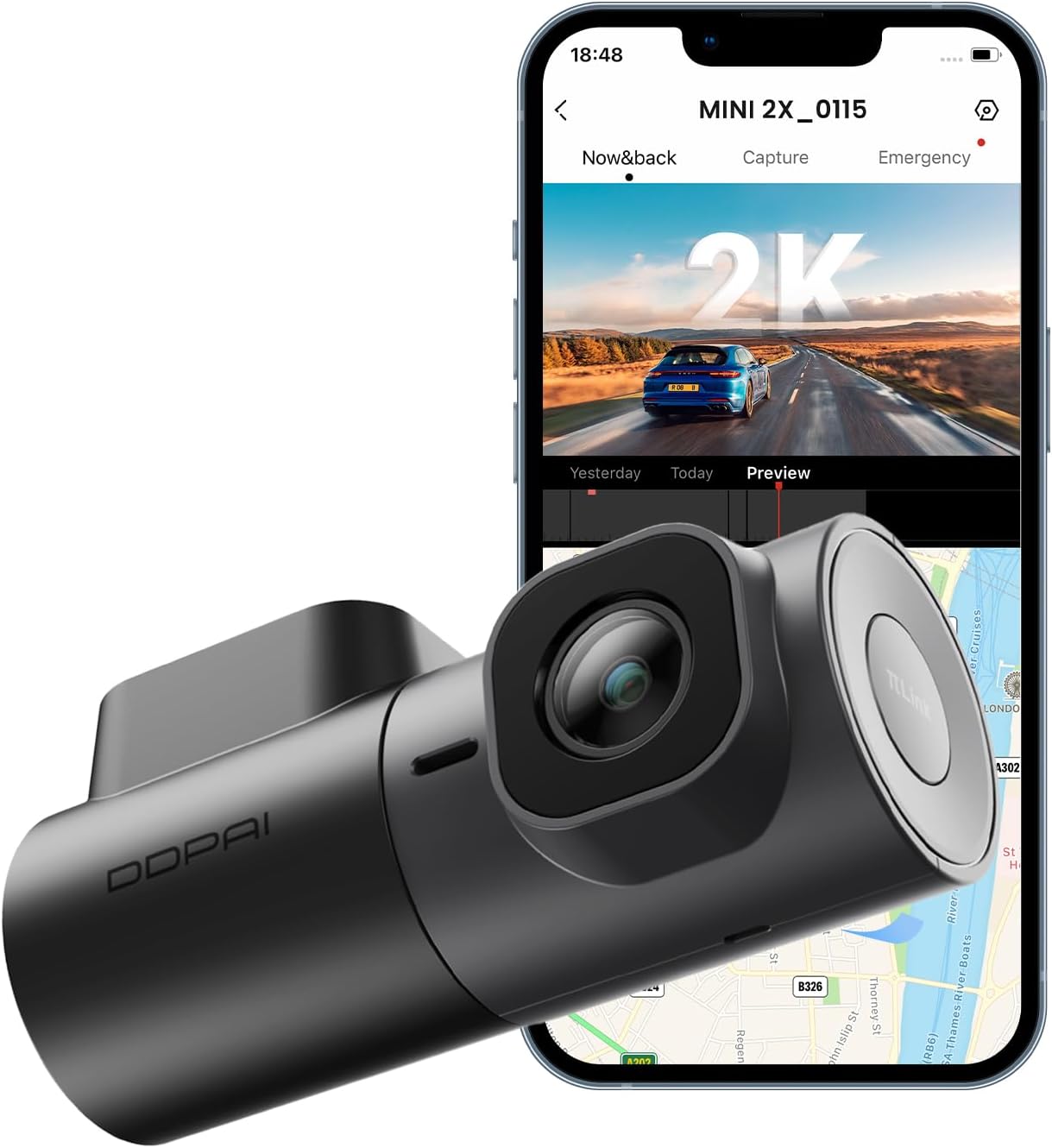 DDPAI MINI2X Dash Cam and smartphone displaying the app interface