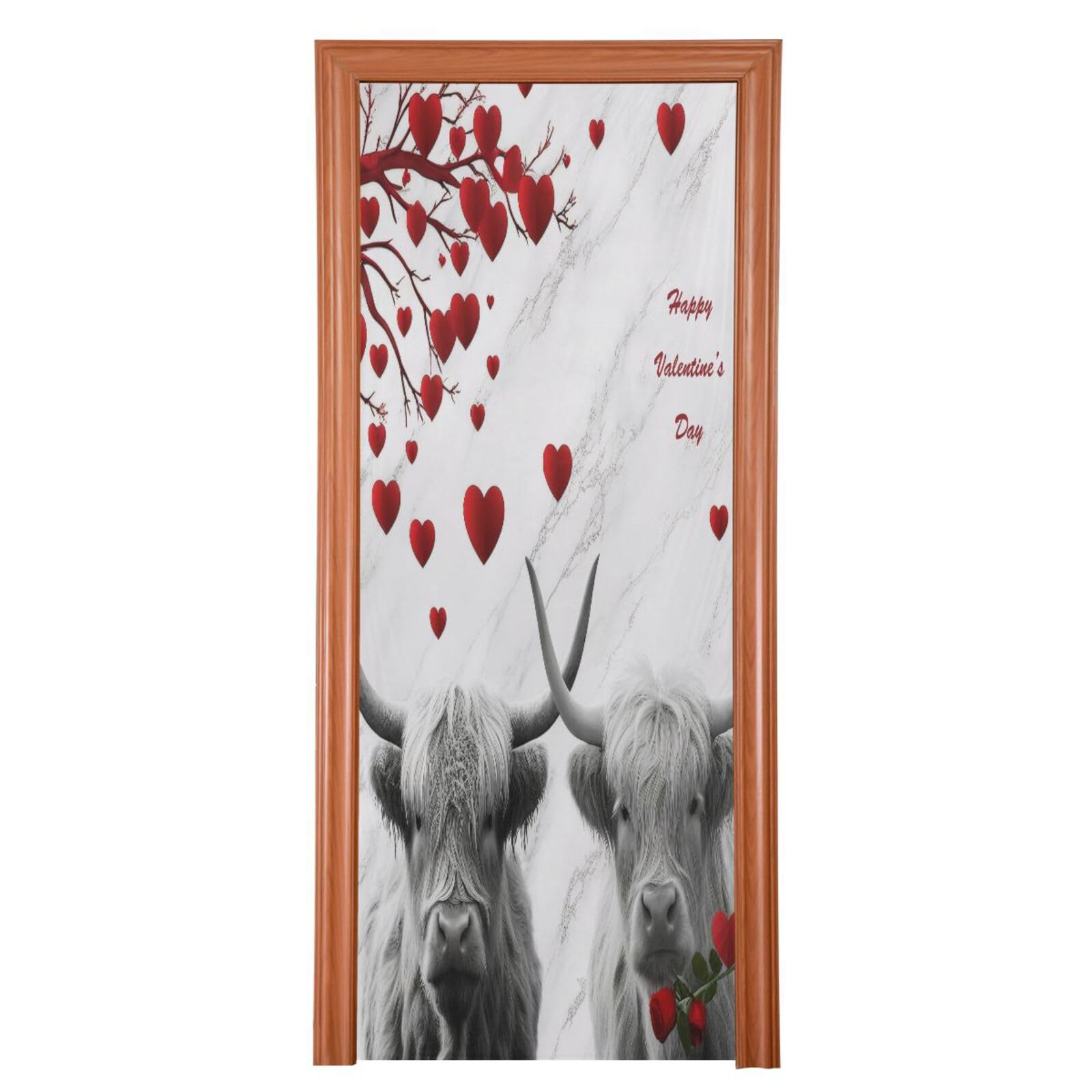 FLildon Highland Cows Valentine's Day Heart Tree Door Cover Decoration, Party Accessory Porch Decor for Festive Ornament Room Door Covers 35 x 79 Inch