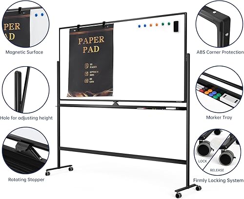 Miniatura 3 de Pizarra blanca magnética grande de borrado en seco  70 x 36 pulgadas de altura de la pizarra blanca ajustable de doble cara caballete portátil móvil