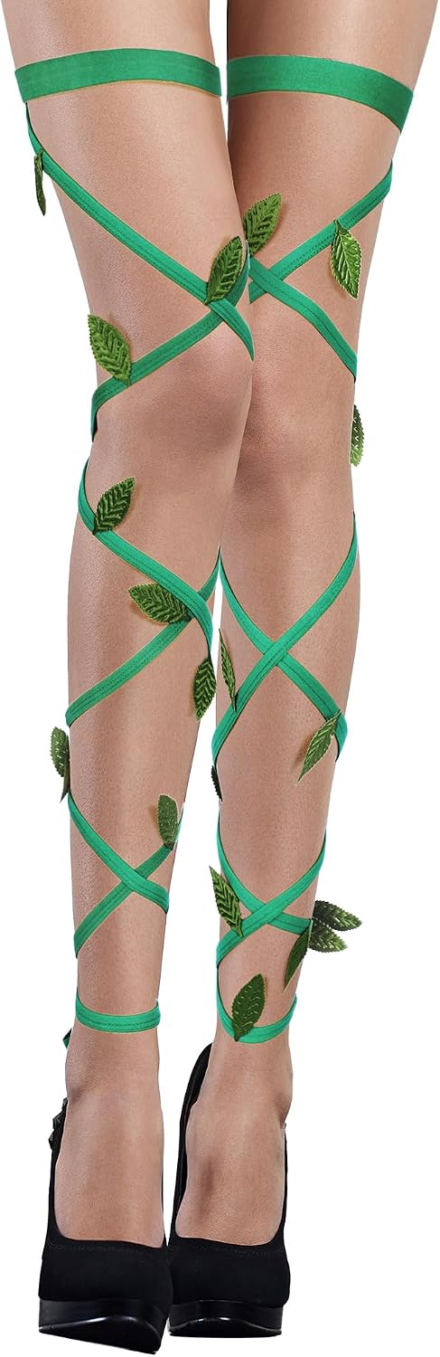 Green Rave Leg Wrap for Women Festival Elastic Garter Leg Wrap Halloween Costume Dancing Fairy Accessories Shiny Leaf Outfit