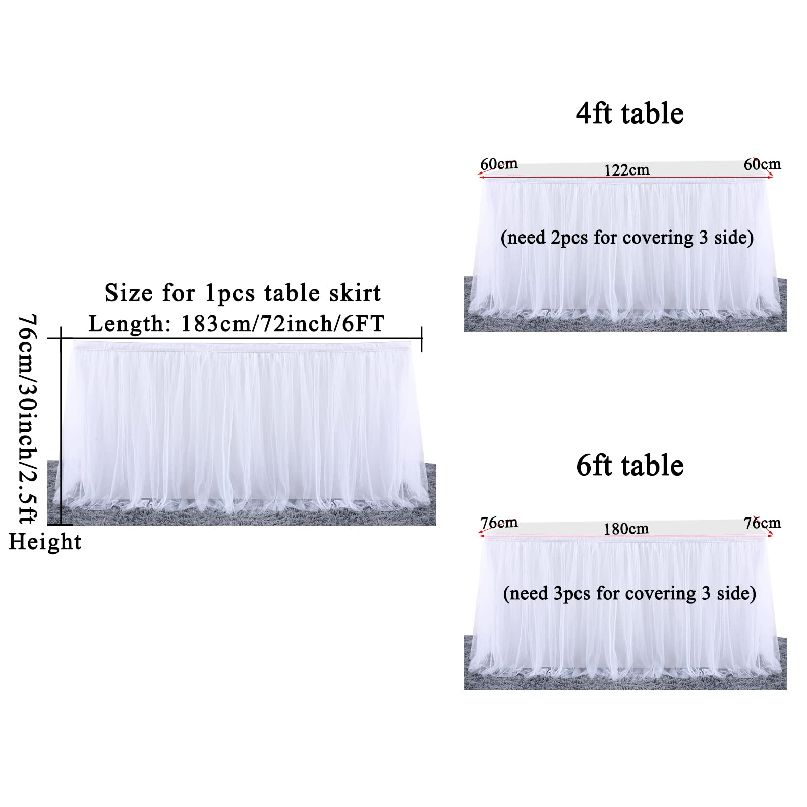 Weiß Tüll Tischröcke für Babyparty, Tischdekoration Tutu Tischrock für Kuchen, Geburtstag, Taufe, Hochzeitstische, L183×H76cm