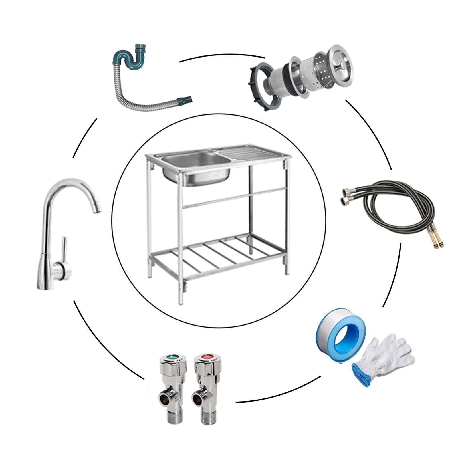 Lavello autoportante con Piano di Lavoro, Rubinetto da Cucina in Acciaio Inox per Acqua Calda e Fredda, Kit di Scarico Portatile per Garage e Giardino.