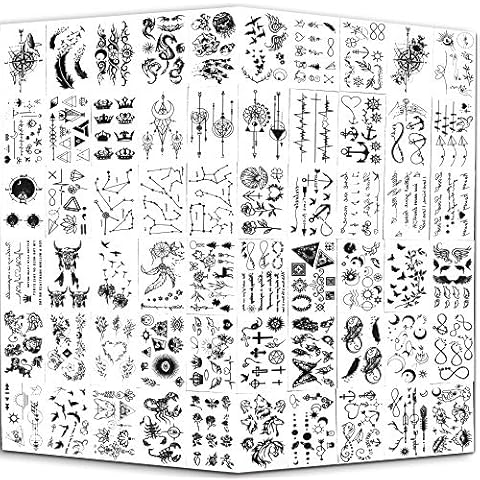Yazhiji Tiny Waterproof Temporary Tattoos - 60 Sheets, Moon Stars Constellations Music Compass Anchor Words Lines Flowers for Kids Adults Men and Women Cover