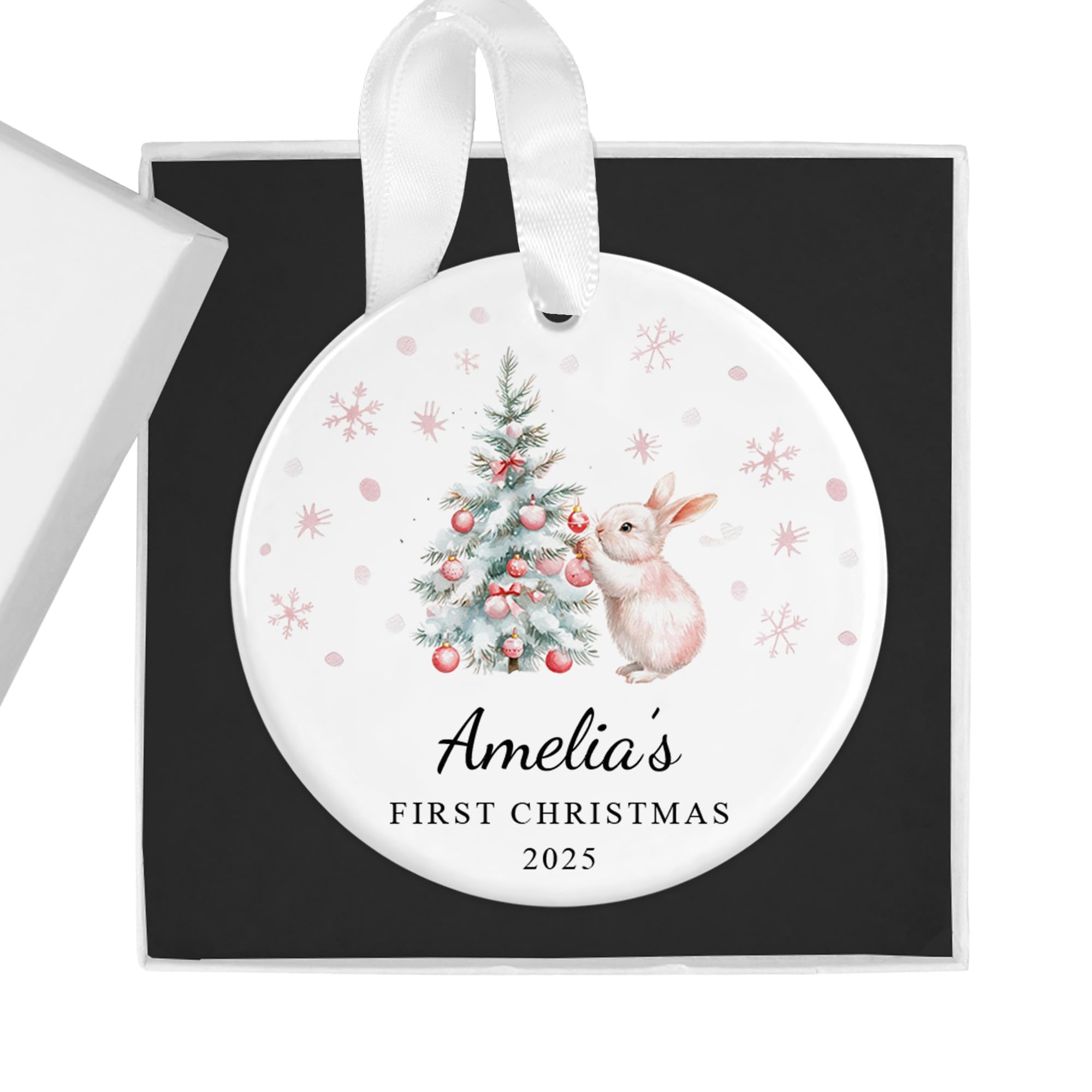 Personalised Baby's First Christmas Bauble Ornament with Gift Box - Custom 1st Xmas Keepsake - Ideal for New Baby Girl (Pink Rabbit Tree)