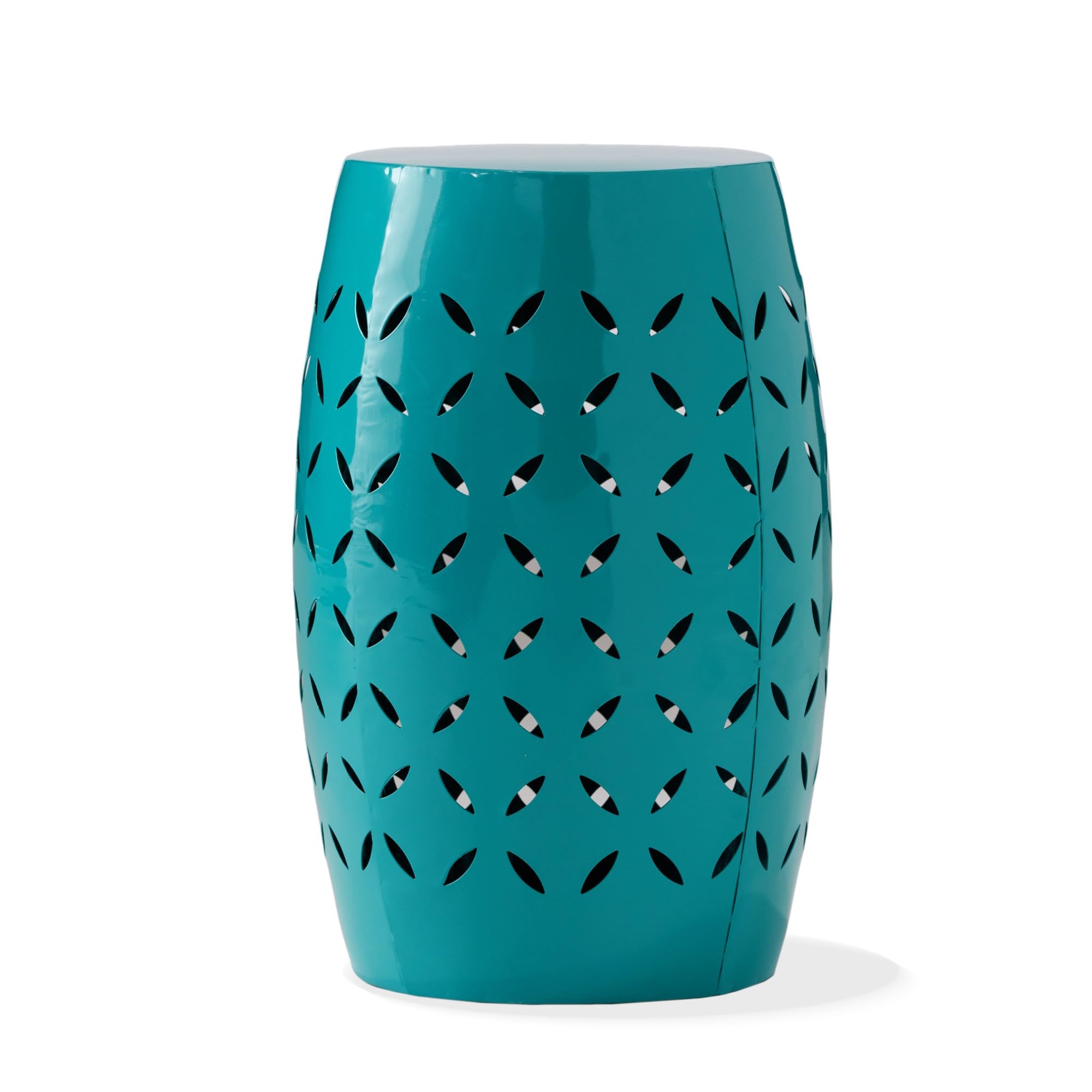 Metal Accent Side Table Cylindrical Sculptural Barrel End Piece Laser Cut Floral Pattern Indoor Outdoor Coffee Stand Modern Industrial Patio Balcony Porch Living Area Sofa Companion Stool (Teal)