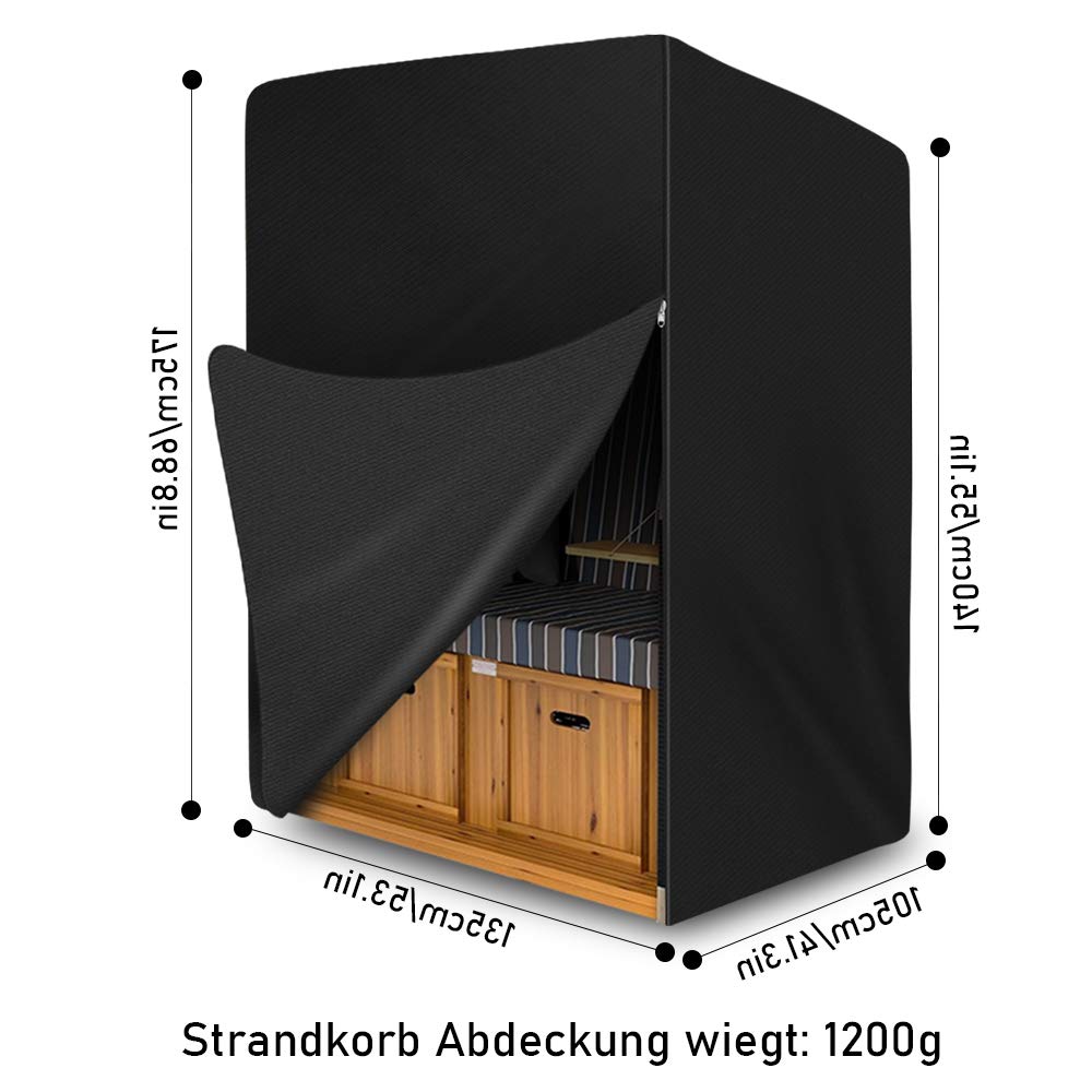 Funda Protectora para Sillón de Playa, Cubierta Sillón de Playa de 420D Oxford, Funda Impermeable Cubierta para Silla de Playa de Mimbre, Protección UV Transpirable - 135 x 105 x 175/140 cm (Negro)