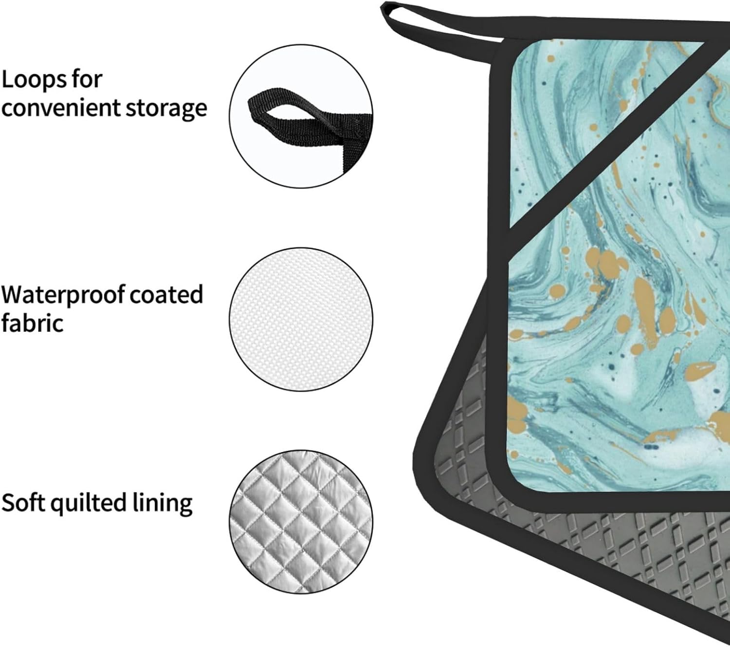 Azurite Teal and Foil Gold Oil Marble Pattern Oven Mitts and Pot Holders Set of 4 Heat Resistant Kitchen Gloves with Silicone Palm Hot Pads for Baking Cooking Grilling BBQ