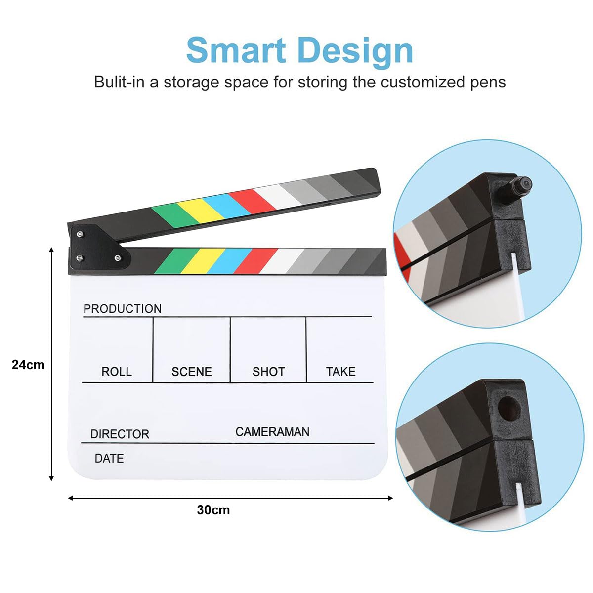Clap de Cinéma 30 x 25cm,Acrylique Film Clapper,avec effaceur magnétique,2 stylos,Clap Cinéma pour Tournage Film,Tournage Vidéo,Blanc