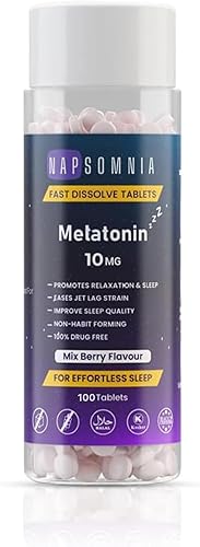 NAPSOMNIA Melatonina - Tableta de disolución rápida de 10 mg 100 libre de drogas Sabor natural de bayas Vegetariano sin OMG sin gluten Impulsa