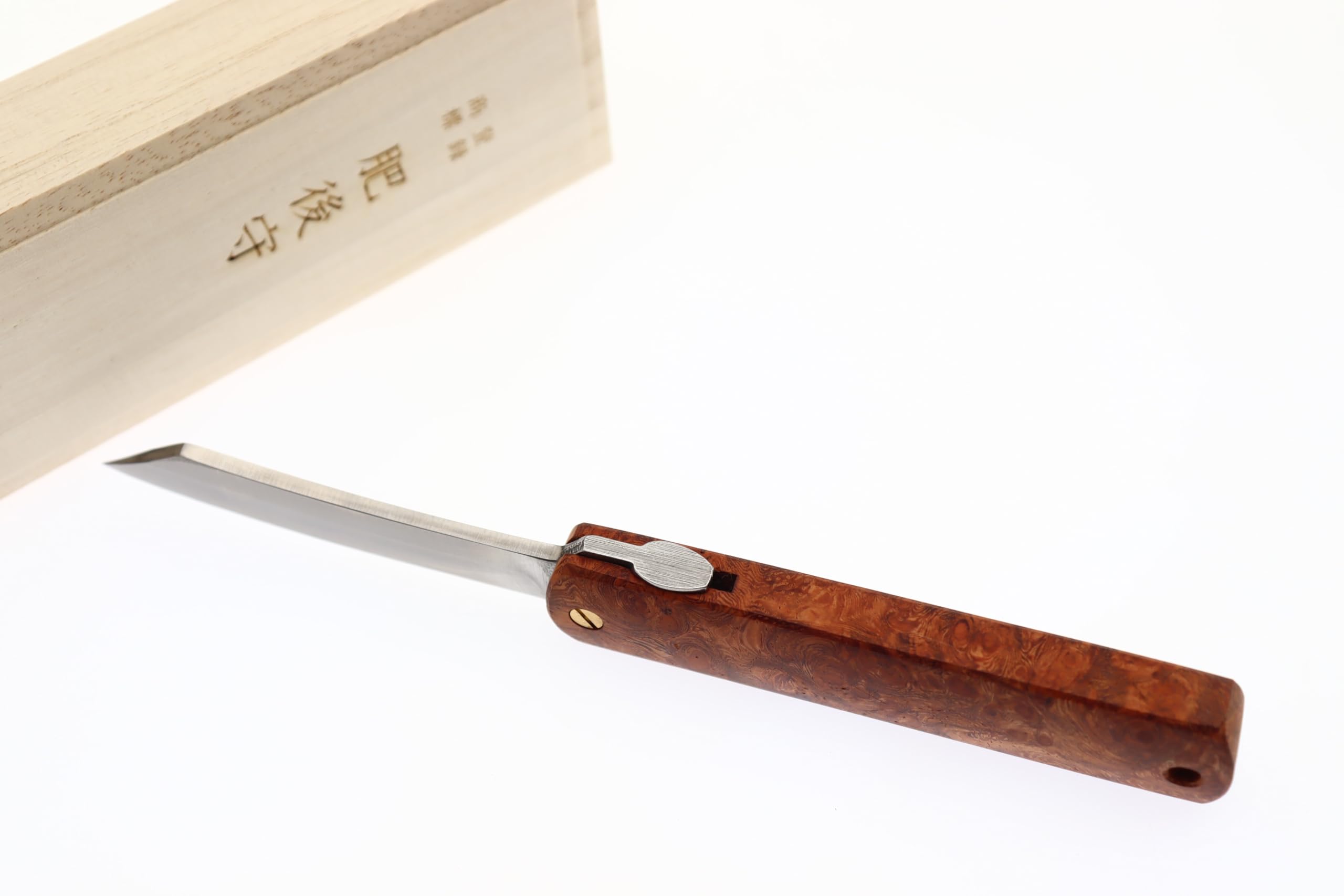 HIGO NO KAMI Handgefertigtes Japanisches Klappmesser von Nagao Kanekoma mit Stempel, Klinge aus VG-10-Edelstahl und Holzgriff, Aufbewahrungsetui, HRC 61 (Padauk Wood)