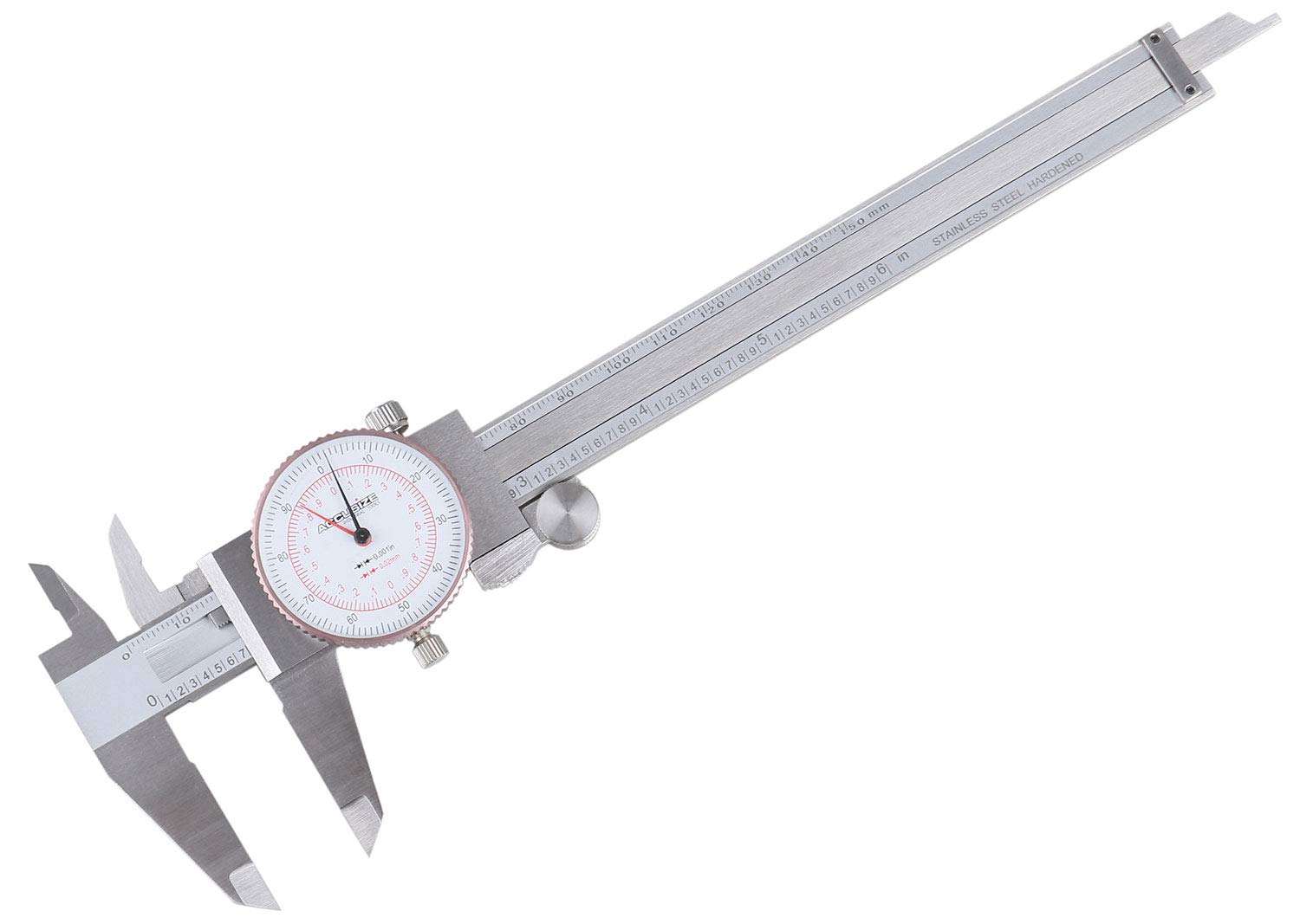 Accusize Industrial Tools 0-6''/0-150 mm by 0.001''/0.02 mm Inch/Metric Dual Needle Precision Dial Caliper Stainless Steel, P920-S236
