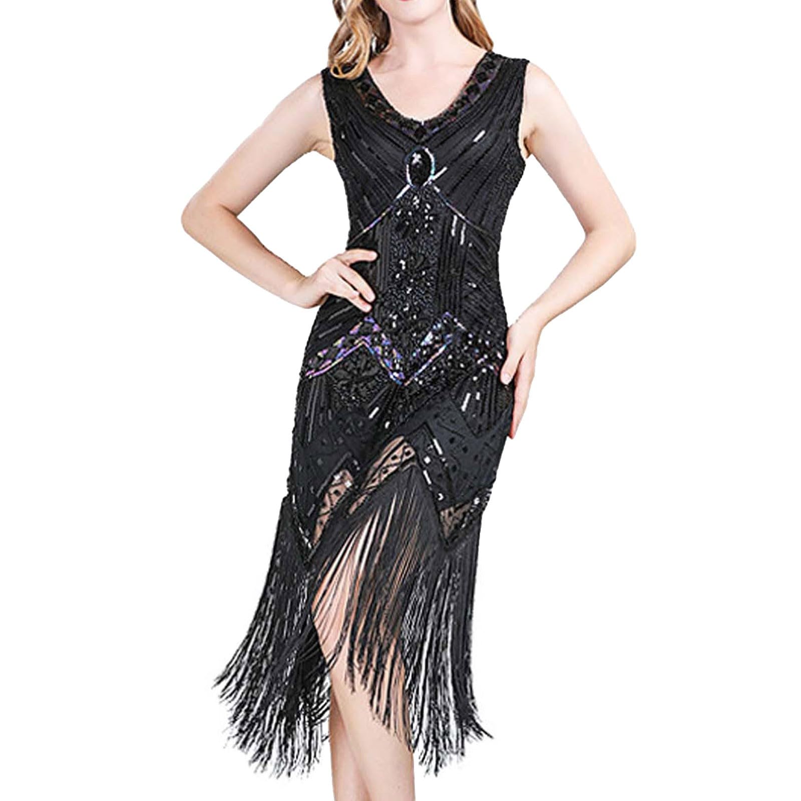 Generico Carnevale Costume Donna - Abito retrò con Frange E Paillettes Abito di Alta qualità Abito da Ballo Abito con Paillettes Abito da Ballo per Feste Abito Piccolo