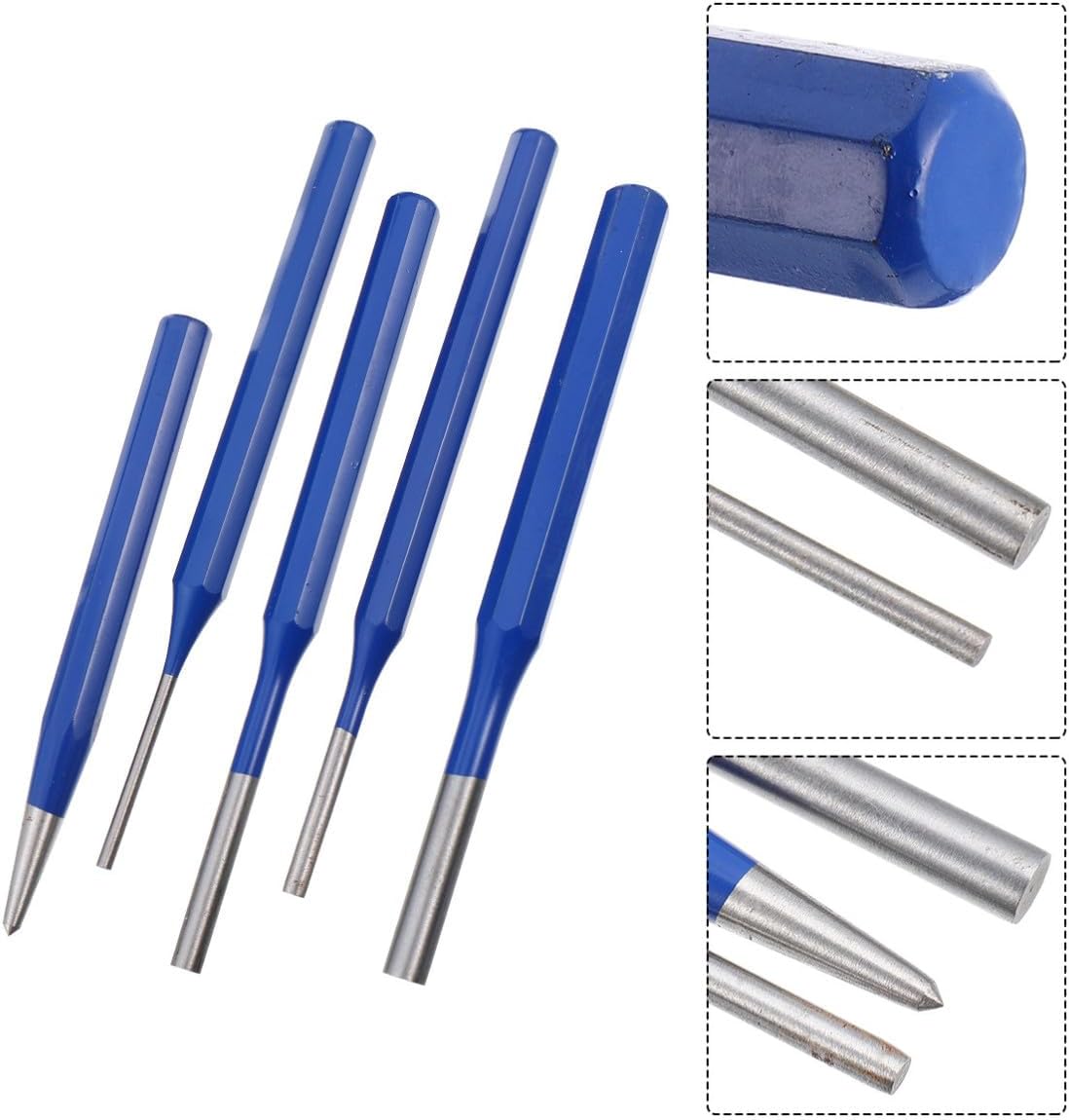 5Pcs Center Punch Cylindrical Pin Punch Tool for Drilling Tasks | Chromium Vanadium Steel, Precision Heat Treated, Reduced Mushrooming and Chipping, Blue Finish