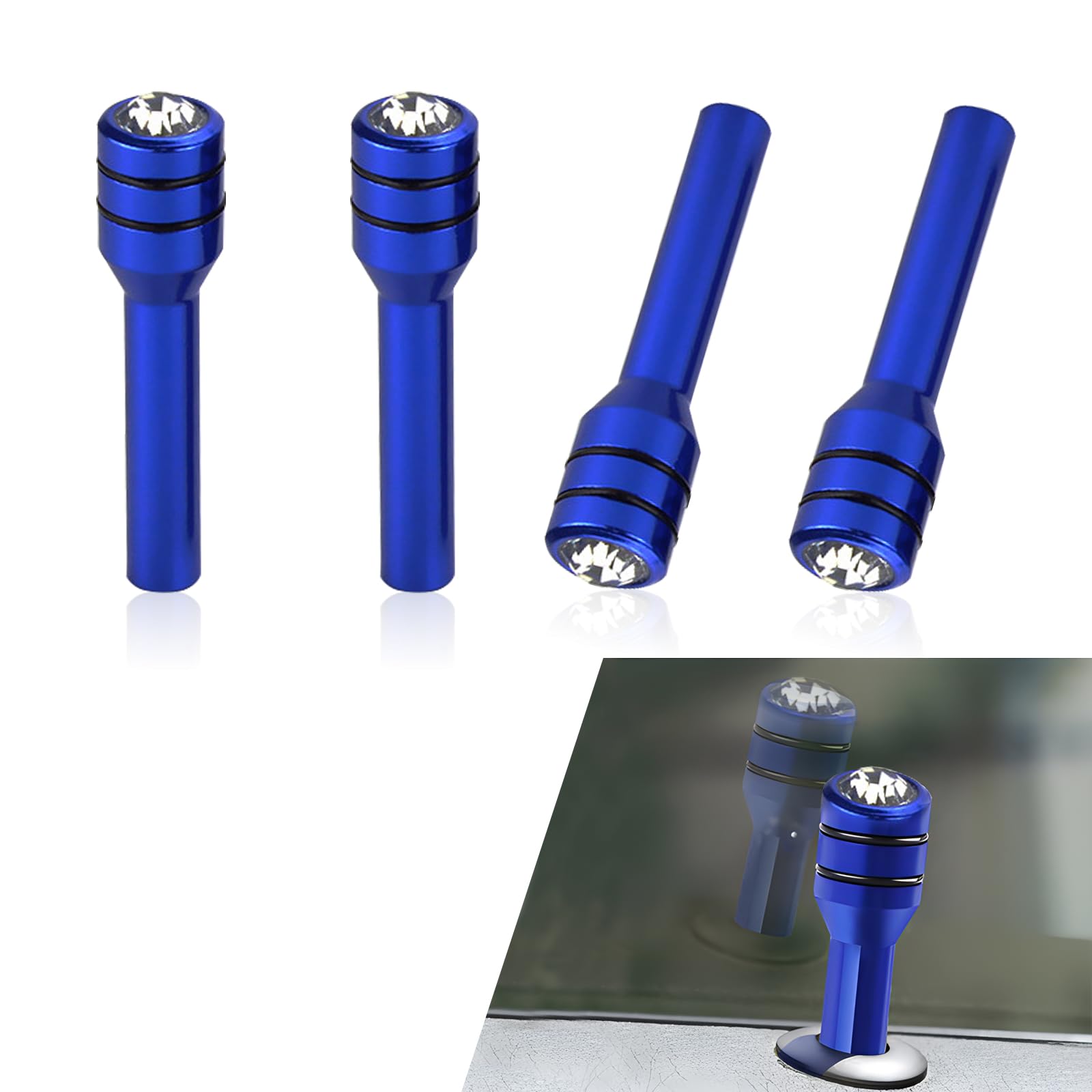 4 PCS Bling Car Door Lock Knob, Alloy Diamond-Encrusted Shiny Door Lock Column Pull Pin Decoration, Rubber Stripe Easy-Grip Interior Modification Accessories, Universal for Cars (Blue)
