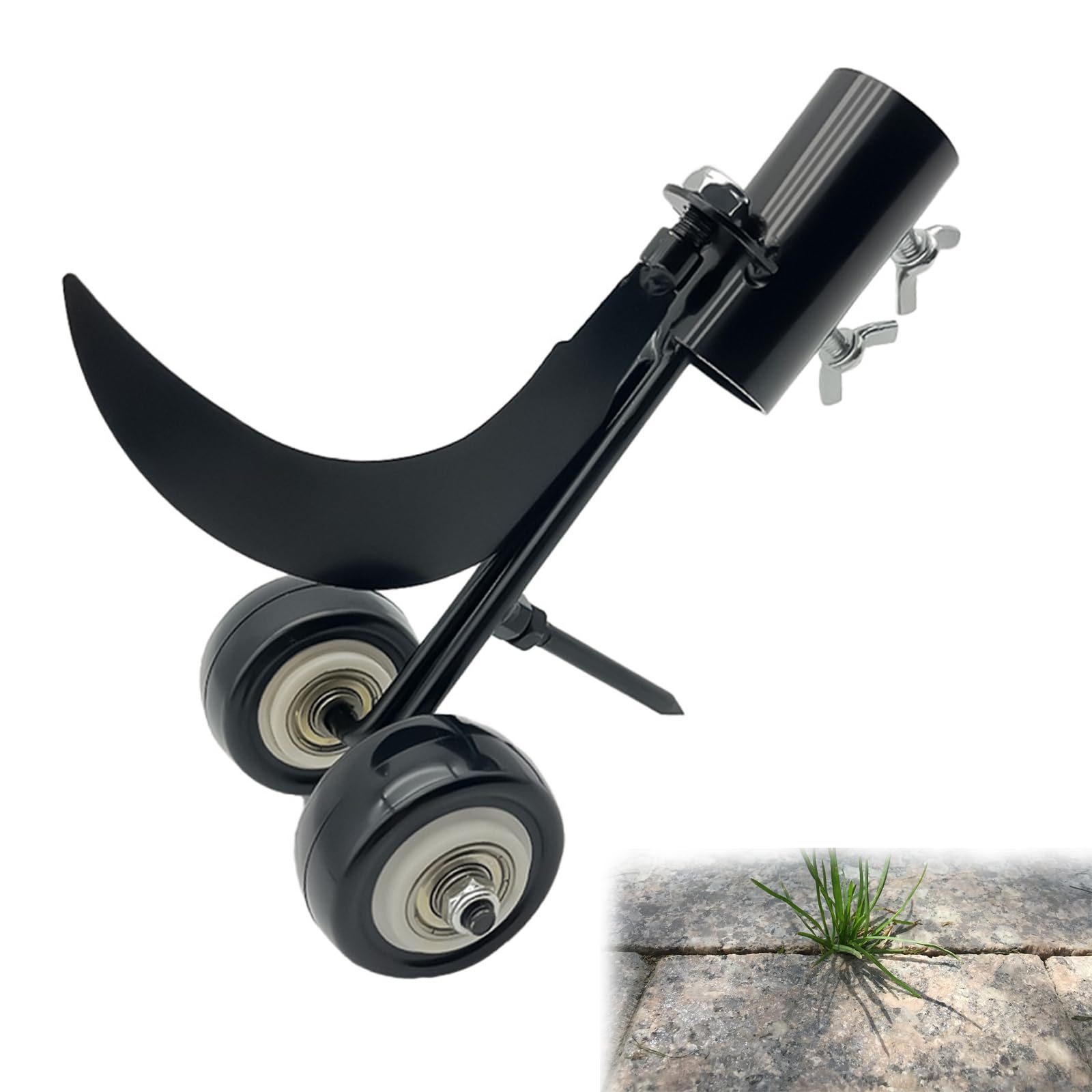 2-in-1 Patio Weed Remover Tool with Wheels, Stand-Up Crack Cleaner for Block Paving, Adjustable Weed Hook Head, Heavy-Duty Carbon Steel Driveway Weeder for Patio, Garden Paths & Paving Slabs