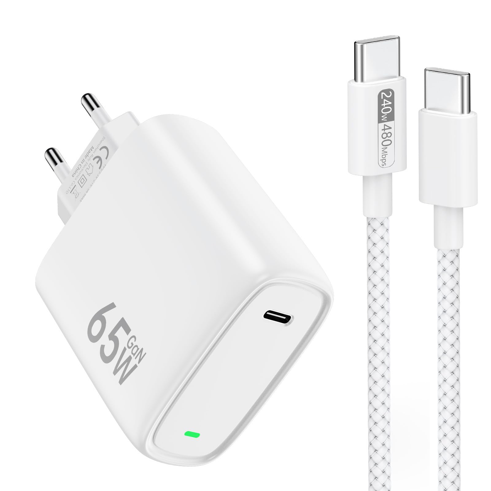 65W Caricatore USB-C GaN+, PPS/PD Ricarica veloce Alimentatore Per Samsung S24/S23,iPhone 16/15,Google Pixel 9/8, iPad Pro,MacBook Pro/Air,HP,Dell e molto più dispositivi Type-C.con 1.8M Cavo 