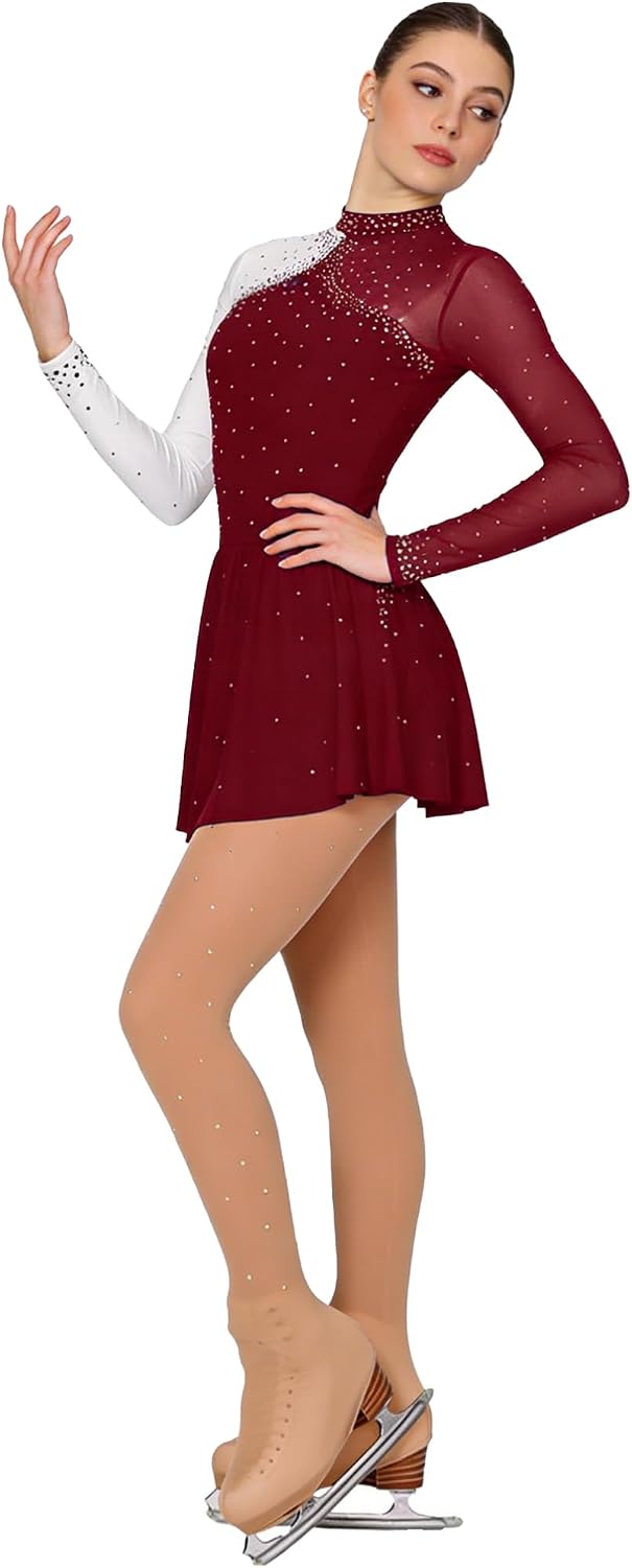 TiaoBug Women's Long Sleeved Figure Skating Dress with Rhinestone Boot Cover Tights Lyrical Dance Costume