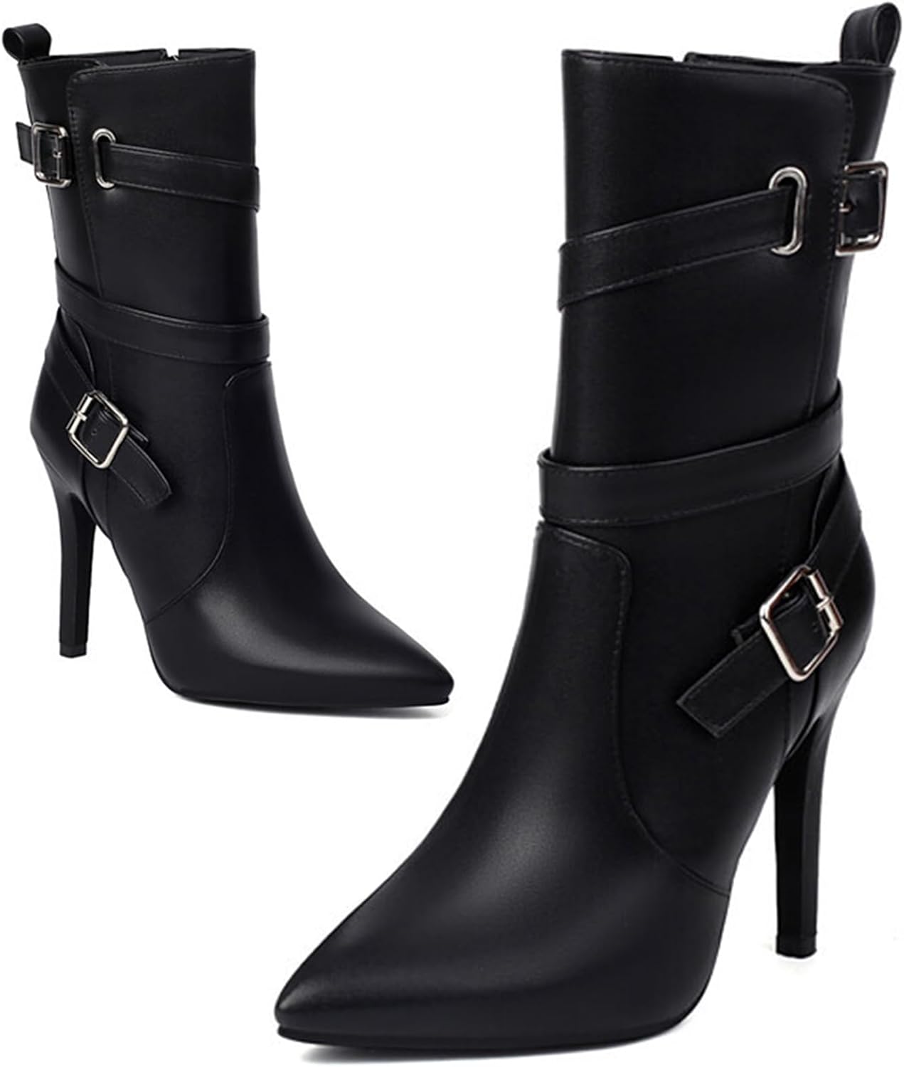 Women’s Pointed Toe Stiletto High Heel Ankle Boots Sexy Belt Buckle Strap Side Zipper Mid Calf Boots Fashion Stretch Leather Dress Boots