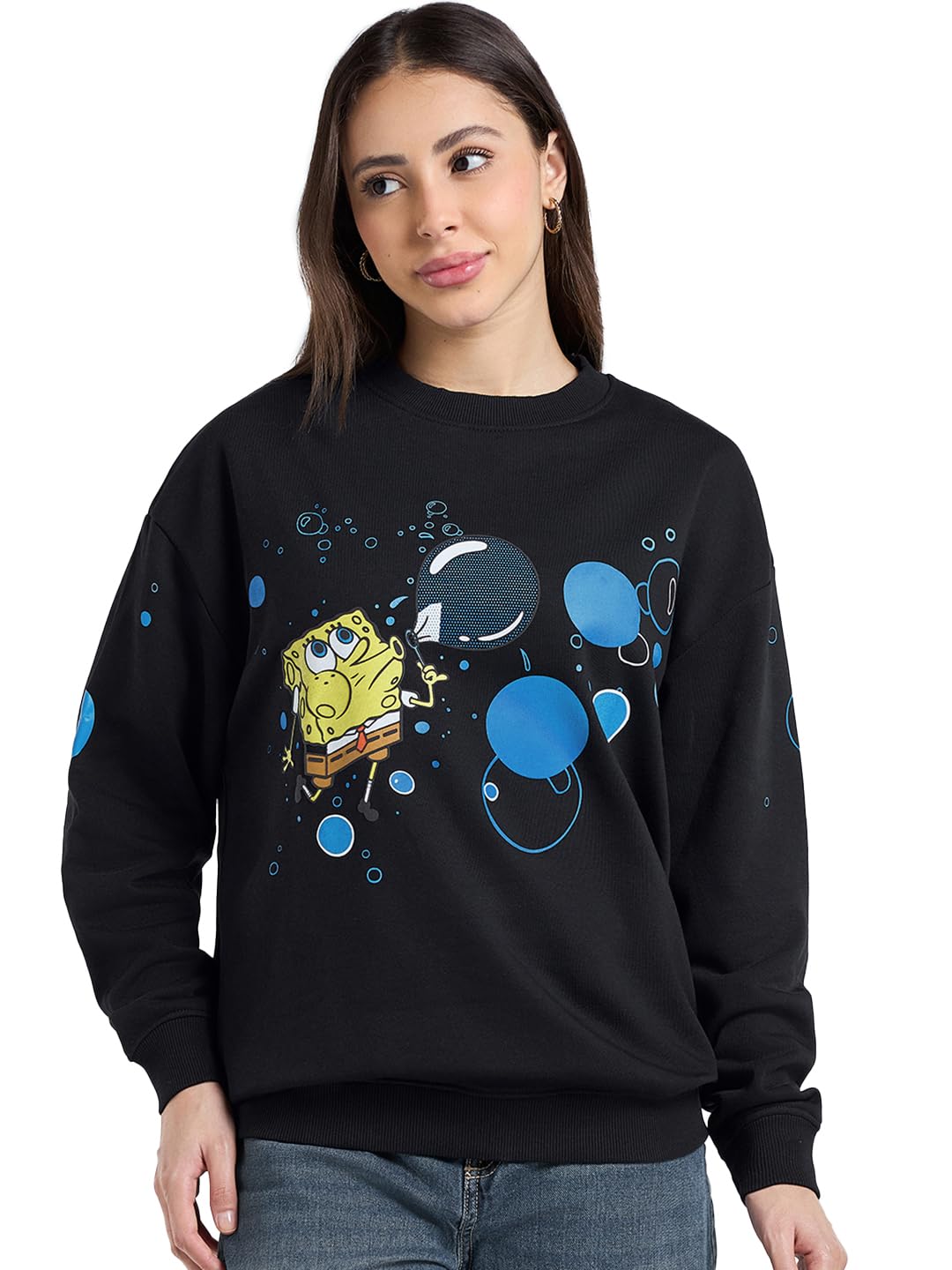 bewakoof X Spongebob Women's Polycotton Oversized Fit Sweatshirt | Sweatshirt for Woman Winter Wear-picture-16