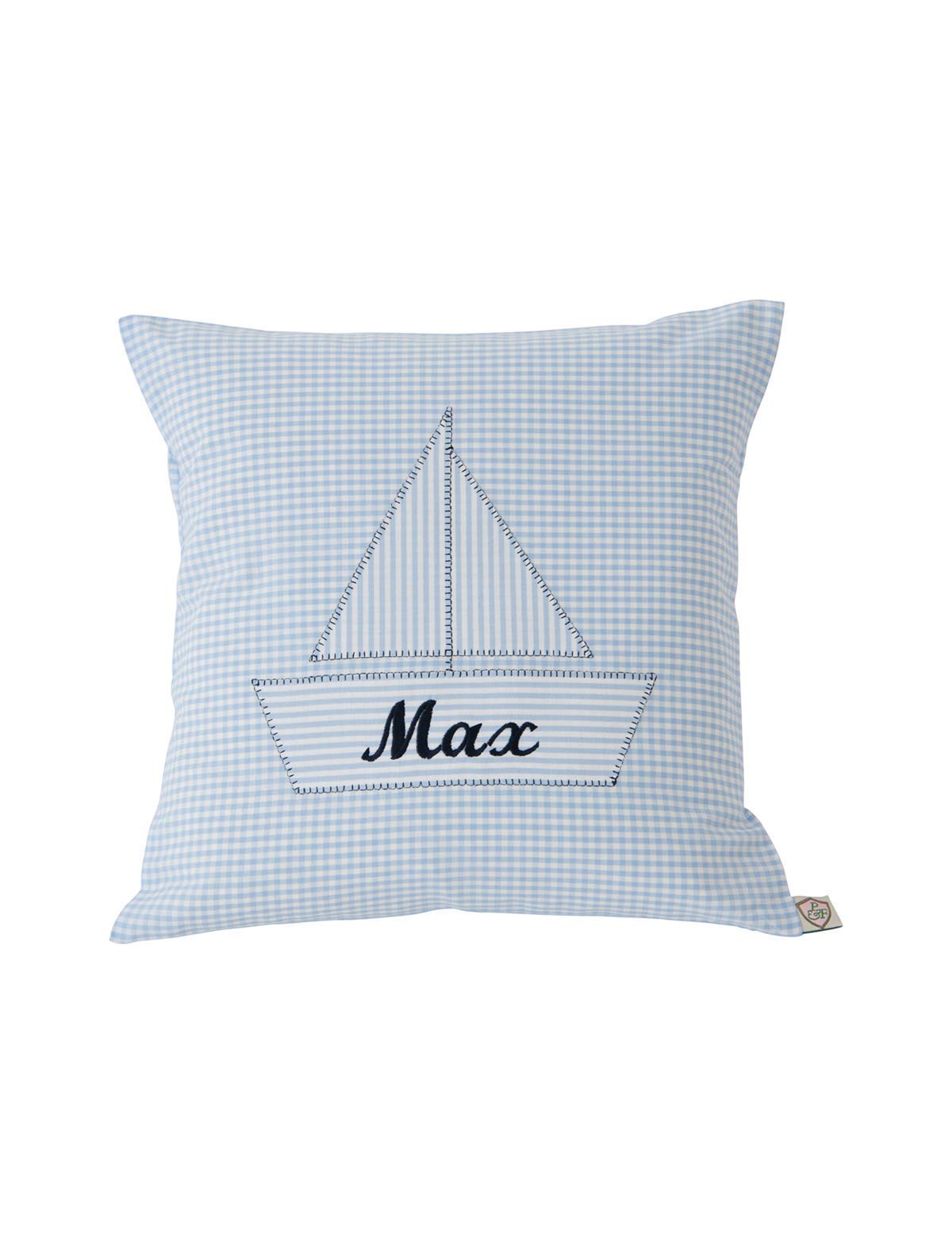 Kissen personalisiert VICHY hellblau mit Segelboot von paula & ferdinand - Kissen mit Name - Geschenk zur Geburt und Taufe
