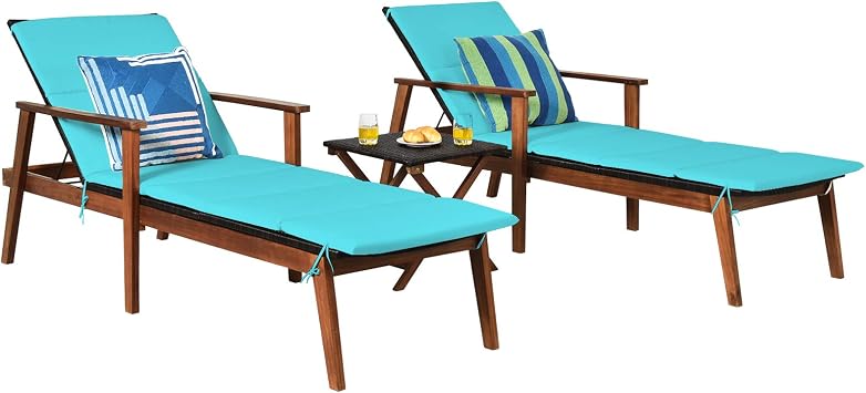 RELAX4LIFE Folding Chaise Lounge Outdoor - 4-Position Adjustable Lounge Chairs w/Side Table & Removable Cushions, Acacia Wood Recliner Chair Set for Yard, Poolside, 3-Piece Patio Lounge Chairs Set