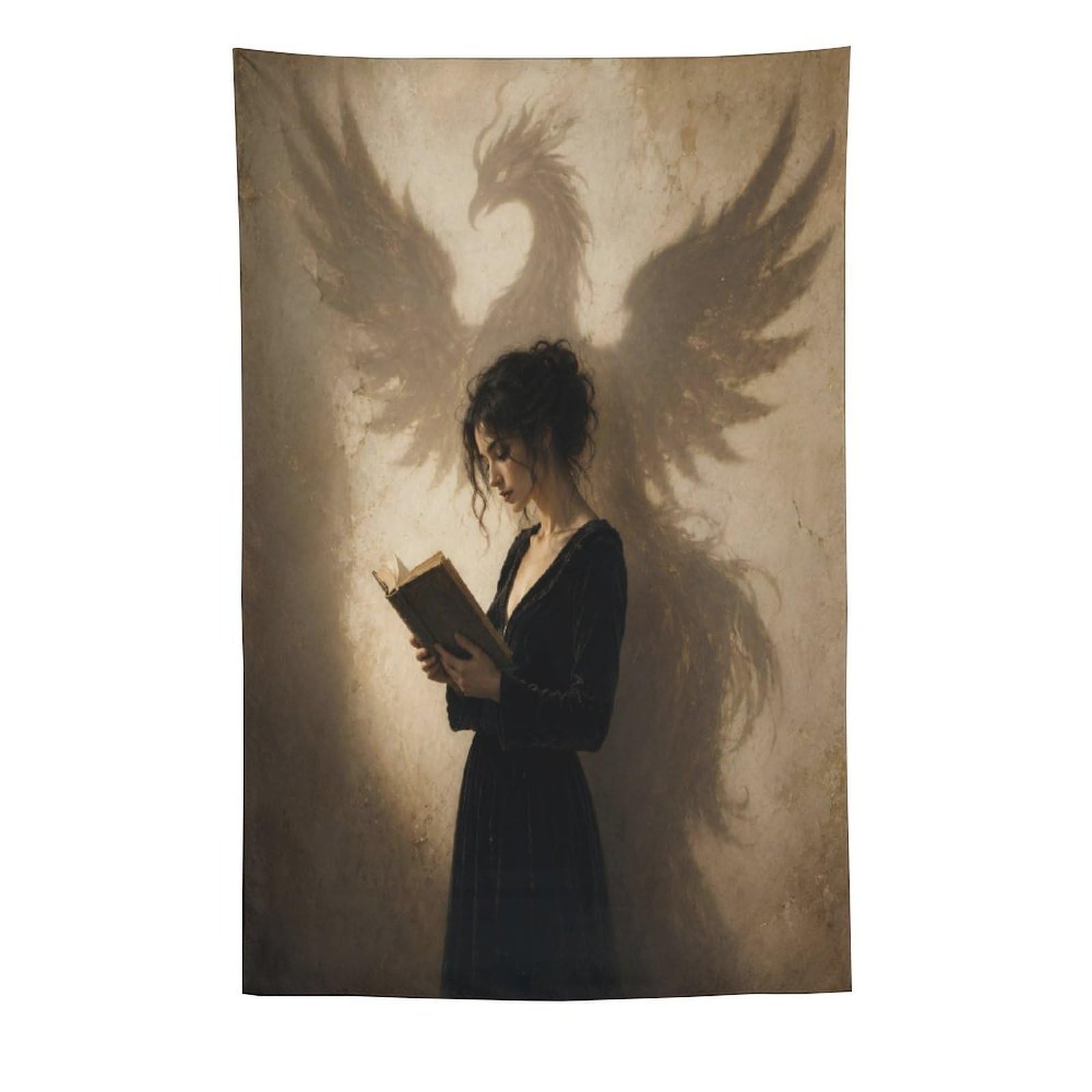 H3B8U2Y5 Woman Phoenix Shadow Wall Tapestry, Surrealist, Mythic Flame