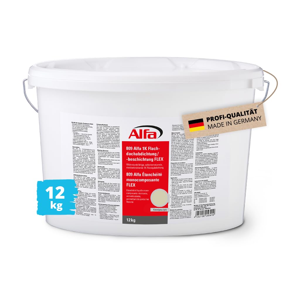 12 kg Alfa 1K Flachdachabdichtung 1K kieselgrau – Flüssigabdichtung | Profi-Qualität - für Flachdach, Garagendach und weitere Dächer - elastisch & alterungsbeständig - UV- & witterungsbeständig