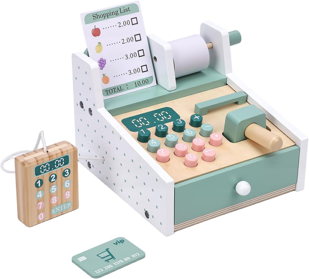 Wooden Cash Register Toy, Cash Register Toy Set with Scanner, Play Money & Shopping Cards, Kids Cashier Role Play , Educational for Learning Math Skills