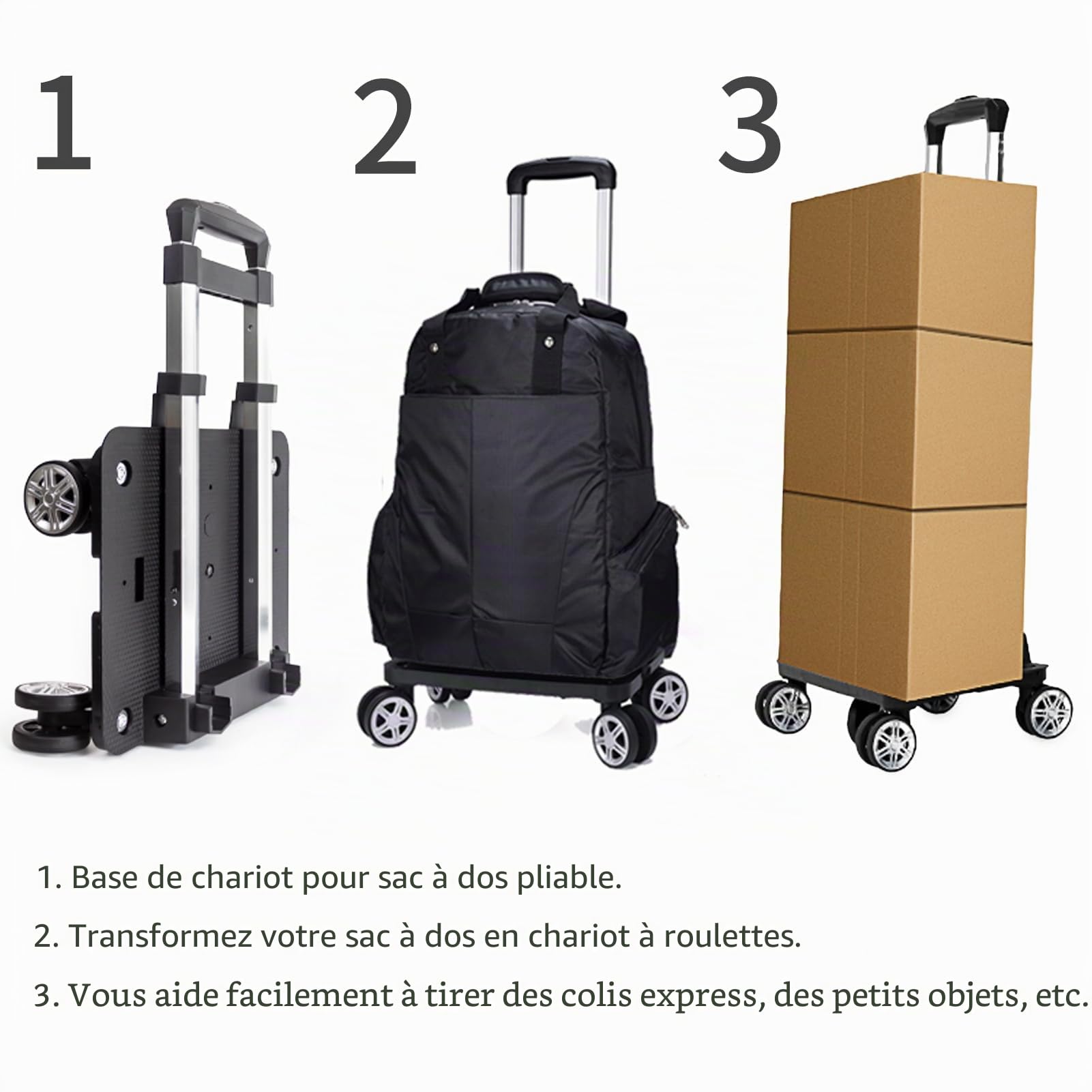 Chariot à dos à roulettes avec sangle de bagage, chariot pliable en alliage d'aluminium pour cartable, sac à dos, chariot de voyage